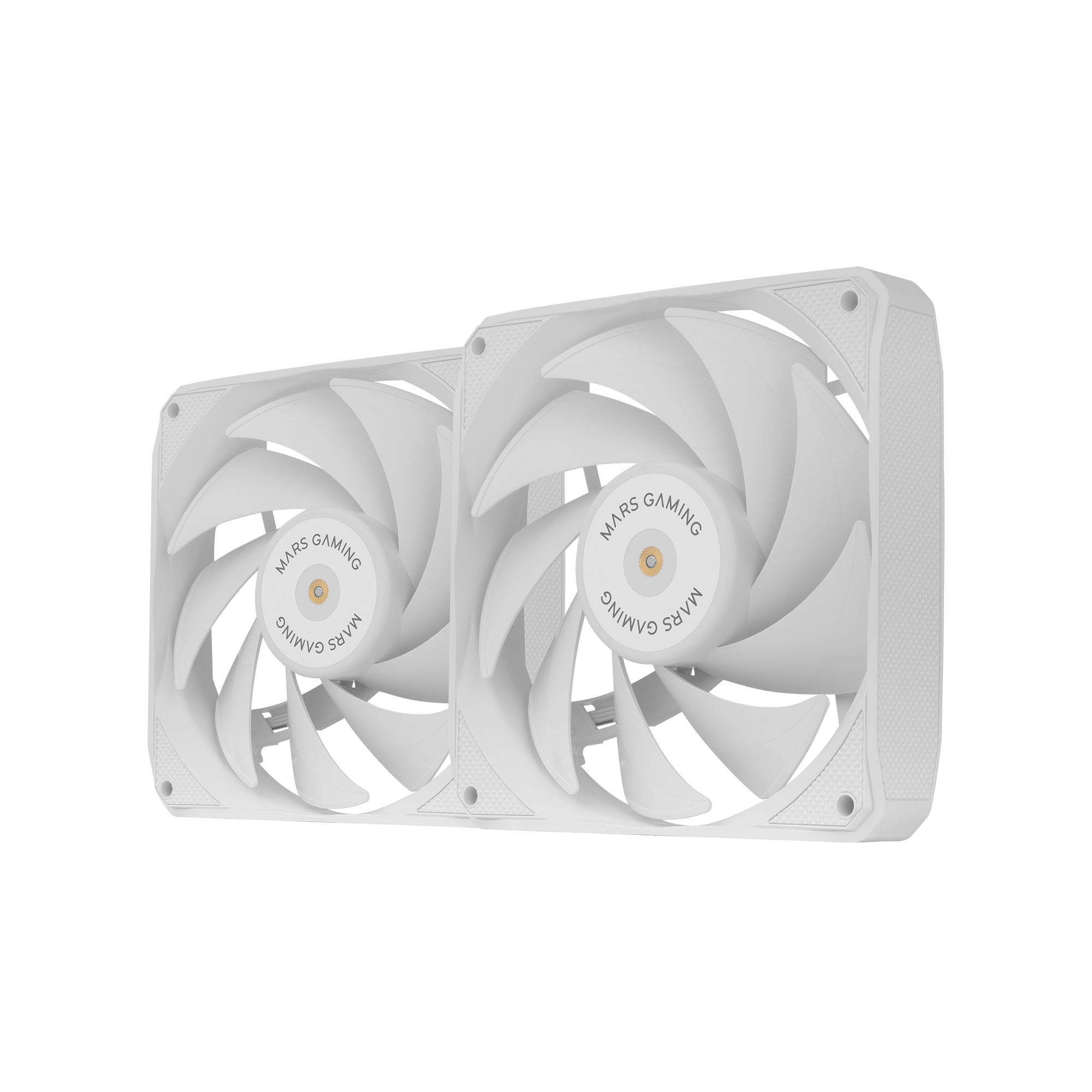 Dwa białe wentylatory komputerowe z zakrzywionymi łopatkami. Na wentylatorach widnieje napis MARS GAMING.