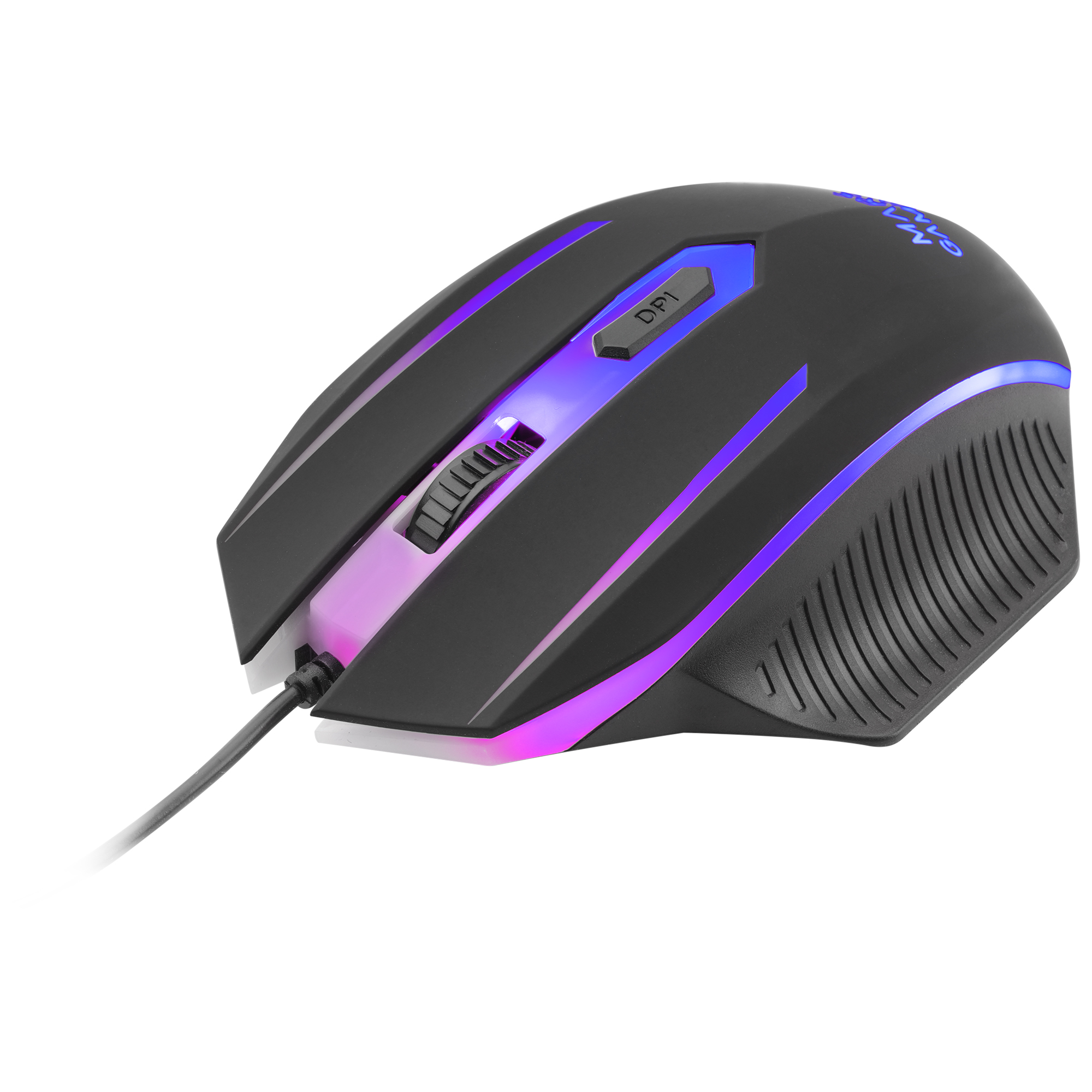 Czarna mysz do gier z fioletowymi i niebieskimi światłami, kółkiem i przyciskiem DPI.