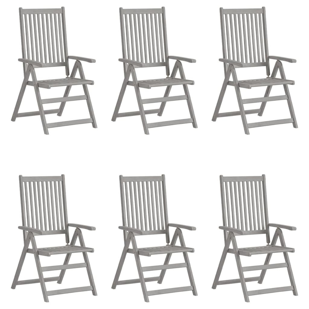 Sechs graue Holzklappstühle. Die Stühle sind auf weißem Hintergrund.