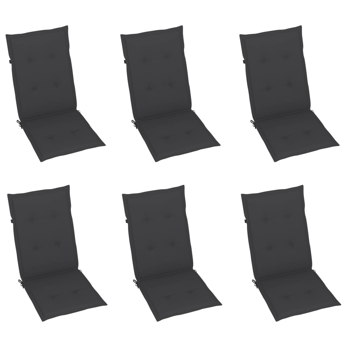 Sechs schwarze Outdoor-Stuhlkissen mit Knopfdetails und Gurten.