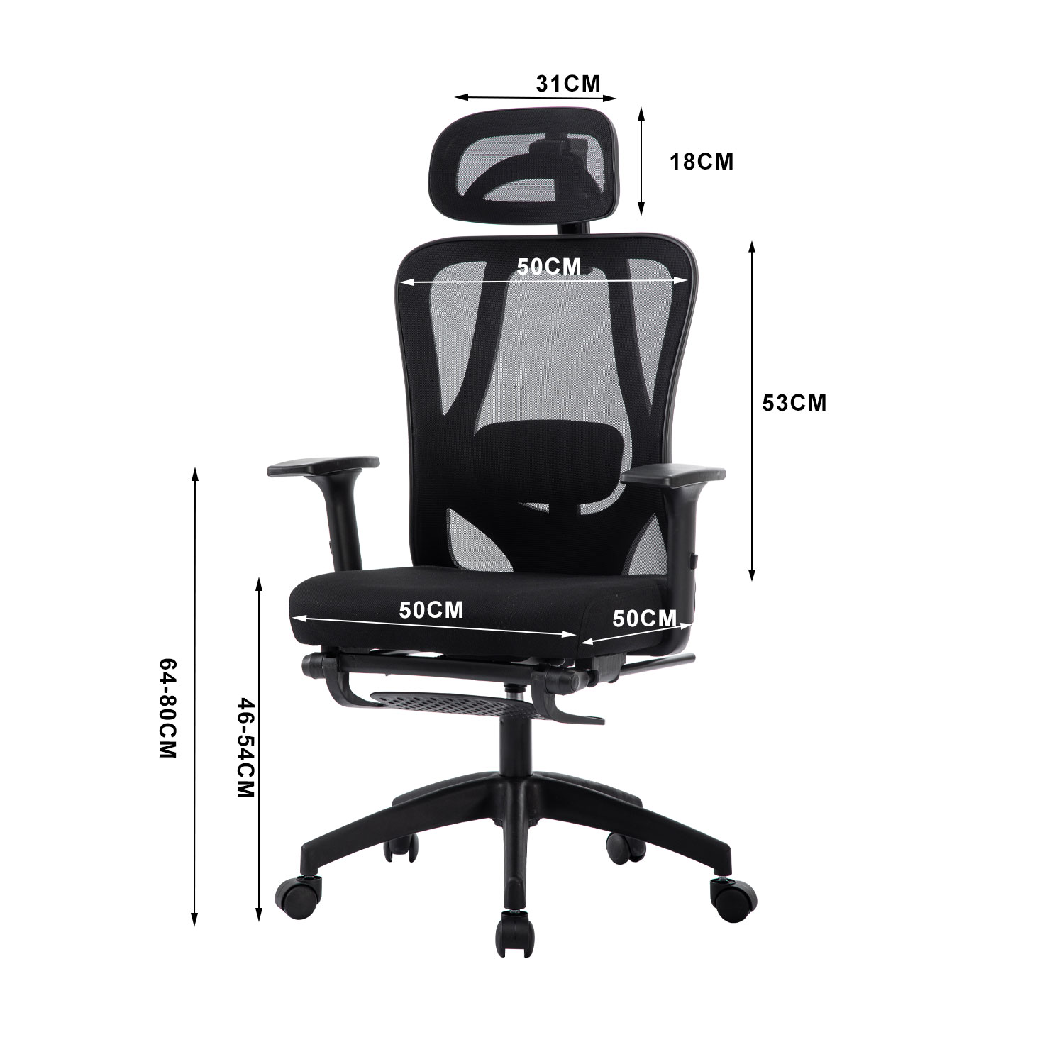 Schwarzer ergonomischer Bürostuhl mit Maßen. Hat eine Kopfstütze, Rückenlehne und Räder.