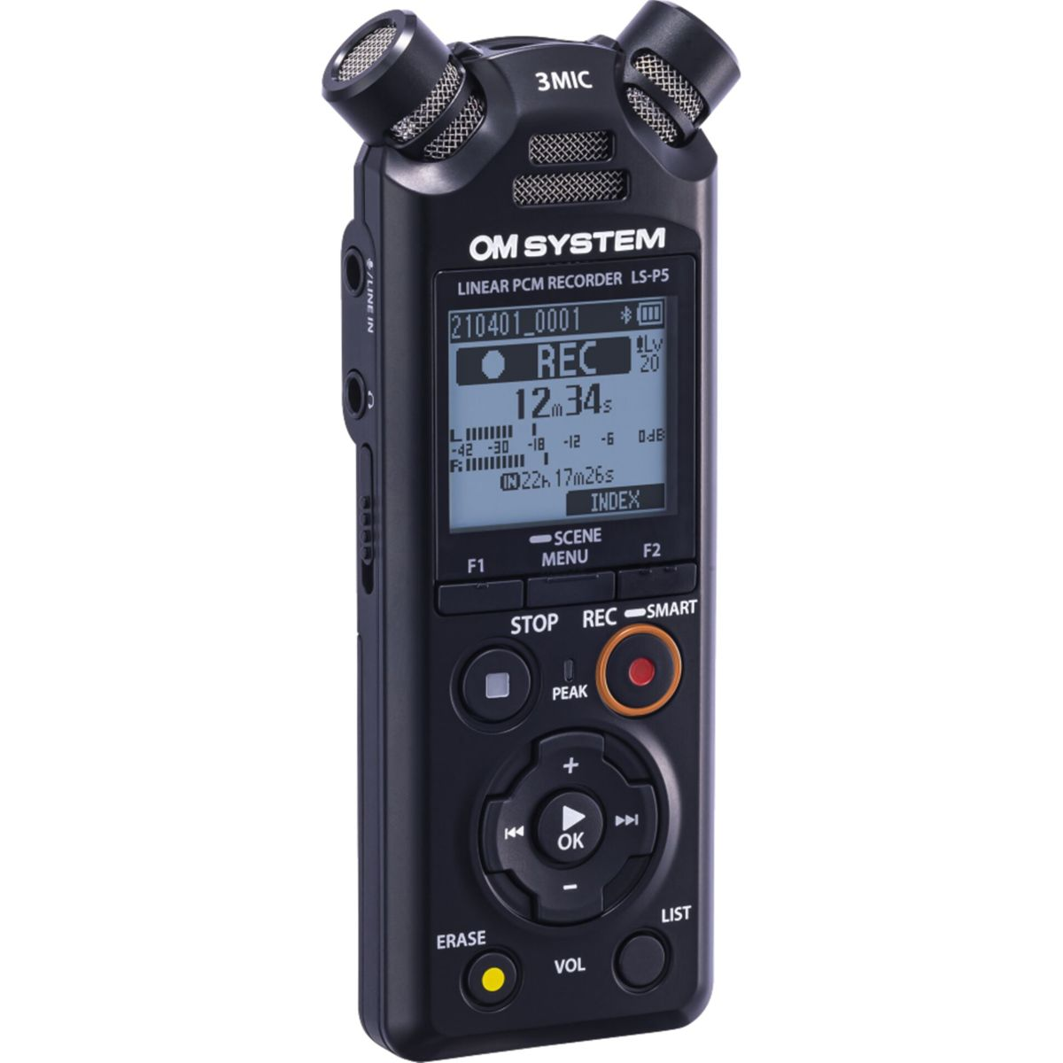 Schwarzer Audiorekorder mit Display, Knöpfen und Mikrofonen. Zeigt REC und andere Einstellungen.