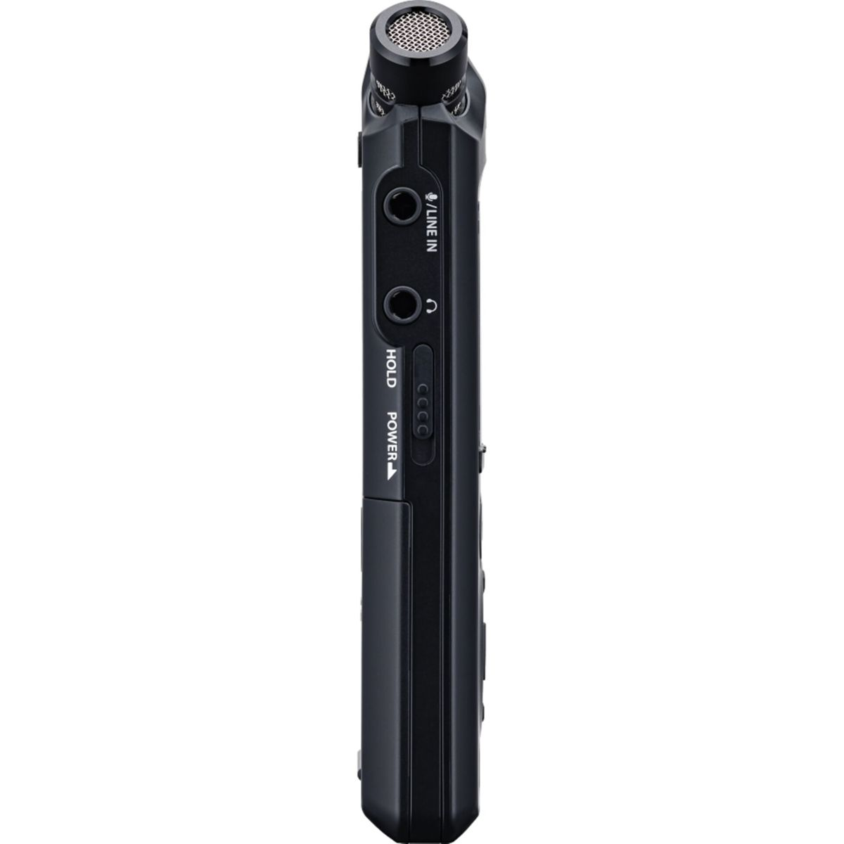 Ein schwarzer Audiorecorder mit Knöpfen und Eingängen, Seitenansicht.