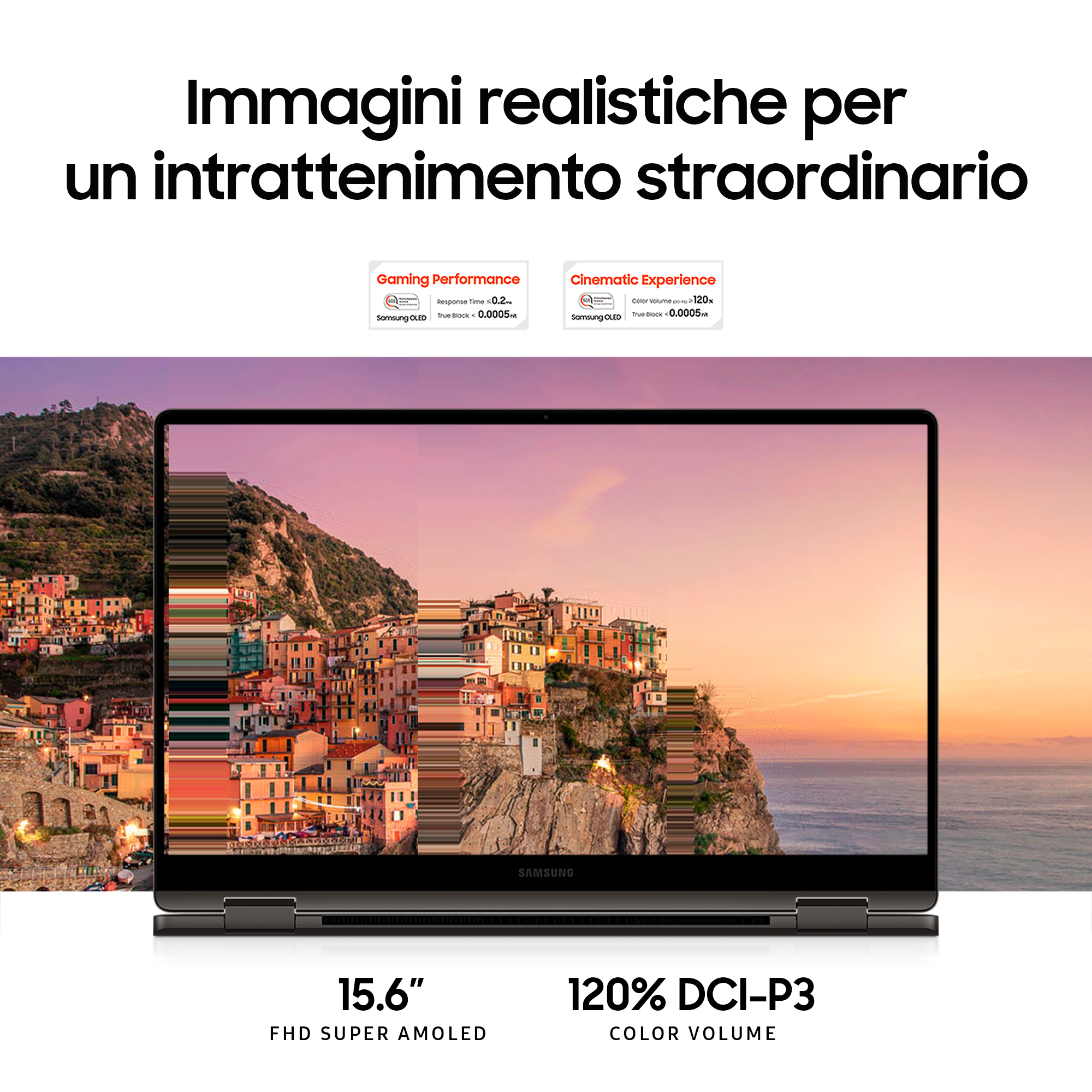 Uno schermo di un laptop che mostra una scena di una città costiera. Testo sul gioco e sull'esperienza cinematografica sopra.