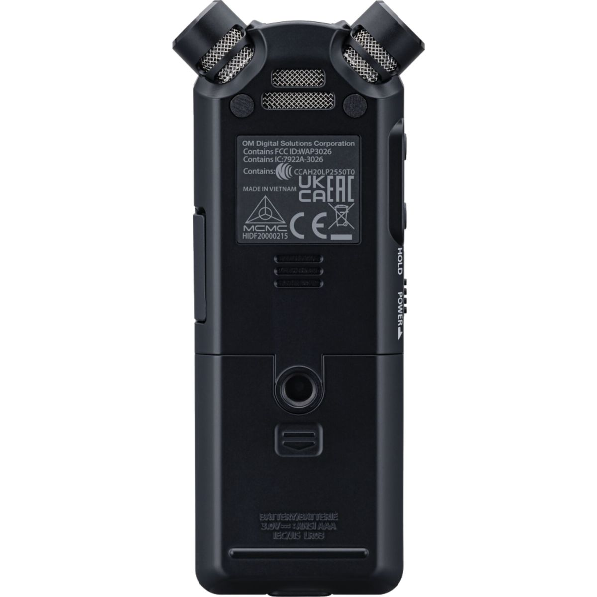 Schwarzes Audiorecorder mit zwei Mikrofonen. Text und Logo auf der Rückseite des Geräts.