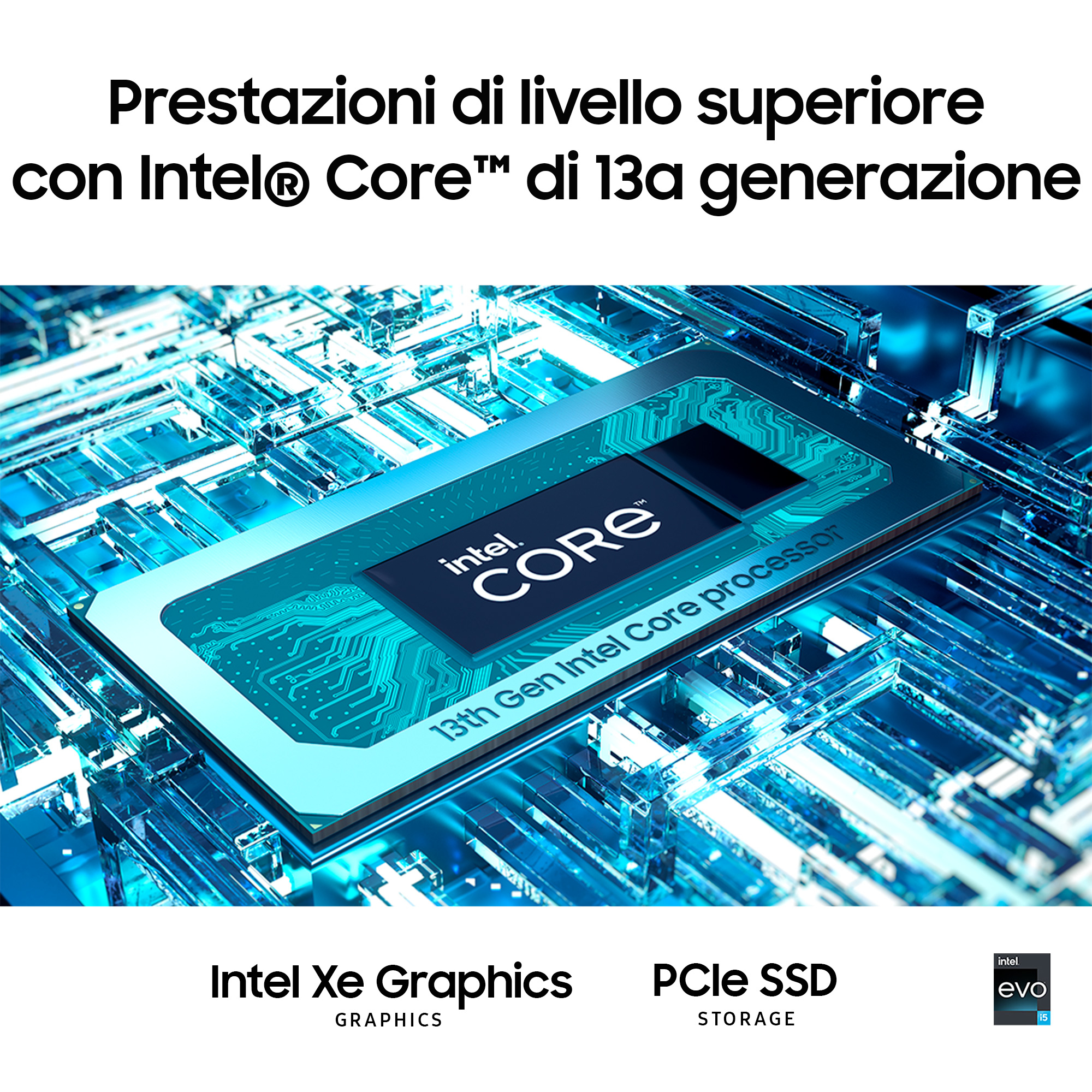 Un primo piano di un processore Intel Core con Intel Xe Graphics e PCIe SSD.