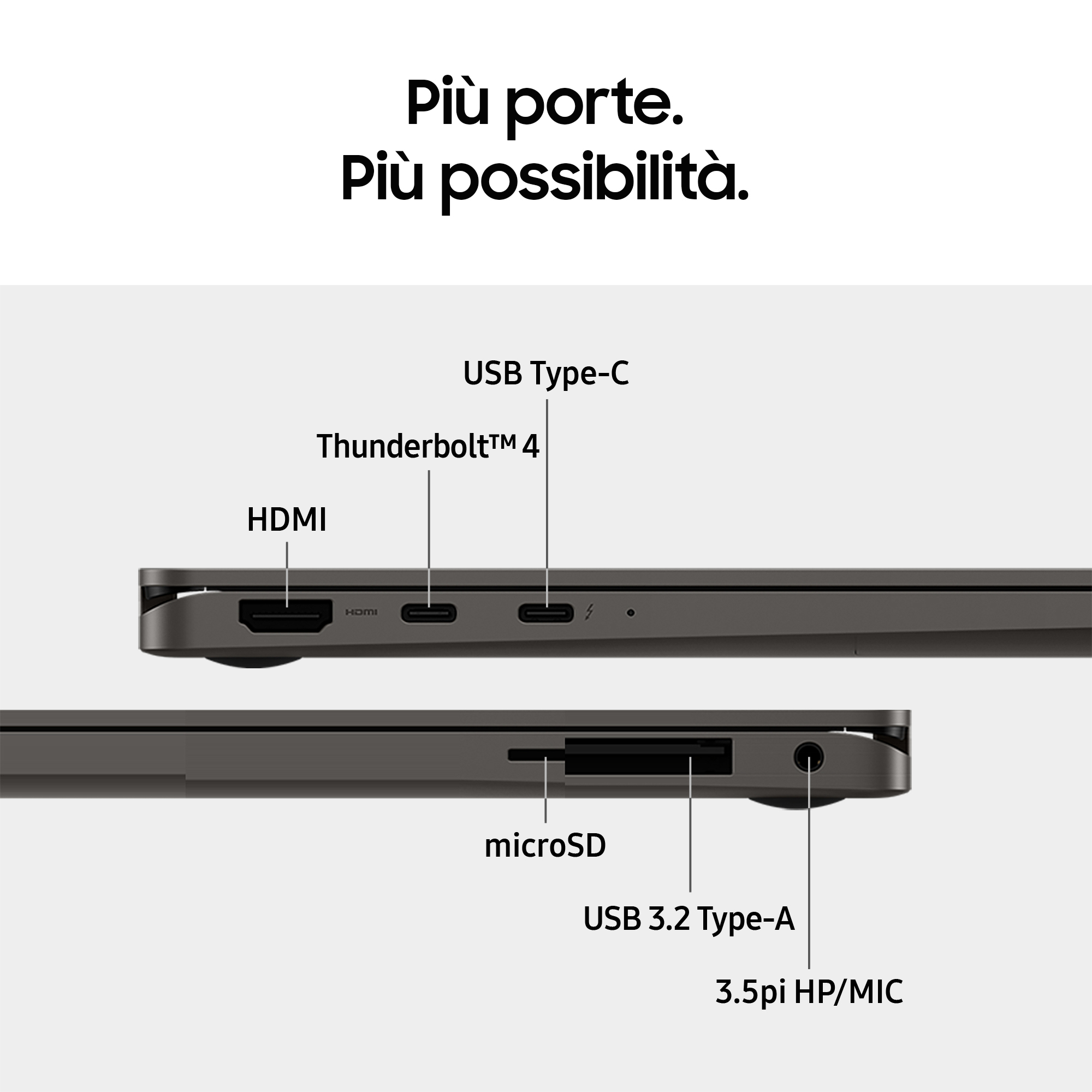 Primo piano del lato di un laptop, che mostra porte HDMI, Thunderbolt, USB e cuffie.
