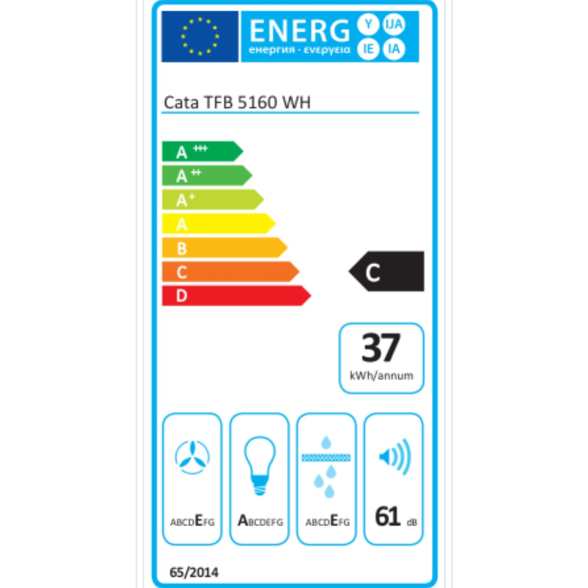 Etiqueta energética para un electrodoméstico CATA. Muestra información de eficiencia energética y datos de consumo.