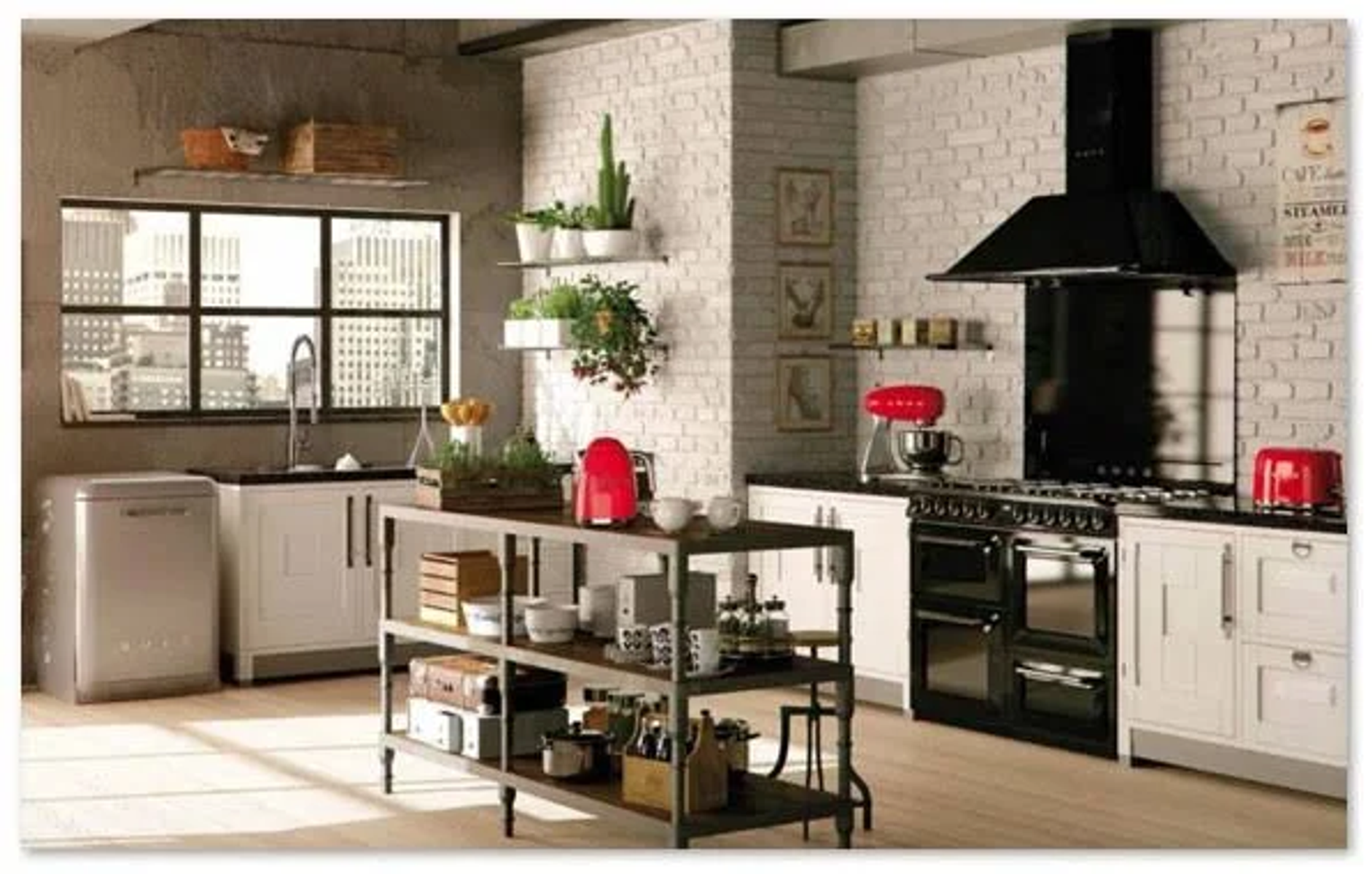 Cucina con muro in mattoni bianchi. Elettrodomestici in acciaio inox, isola e mobili in legno.