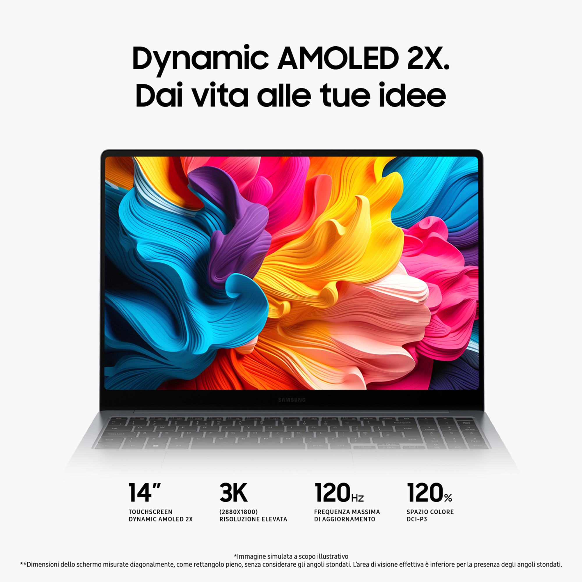 Un laptop con uno schermo che mostra del testo. Il testo include specifiche come 14", 3K, 120Hz e 120%.