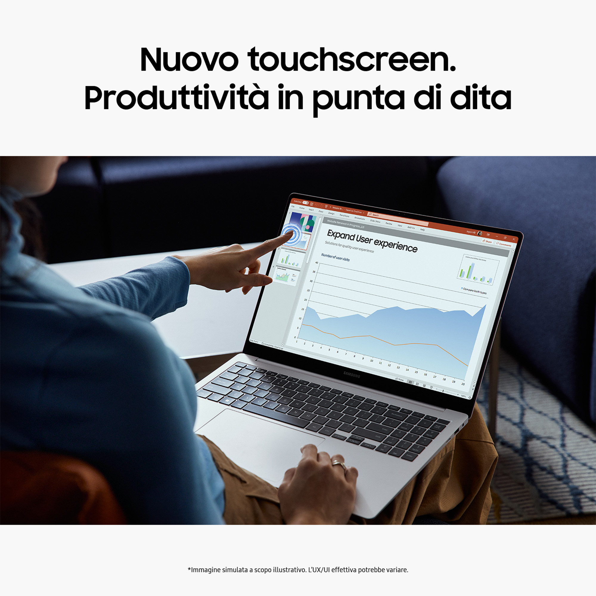Persona che utilizza un laptop, toccando lo schermo che mostra un grafico. Testo: "Nuovo touchscreen."