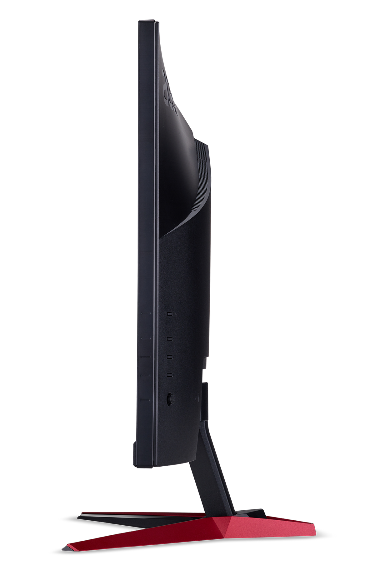 Widok z boku czarnego i czerwonego monitora komputerowego na czarnym tle.