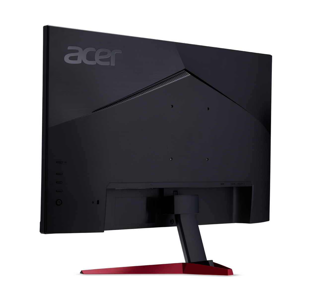 Czarny monitor Acer z tyłu, z czerwonym stojakiem i różnymi portami, na czarnym tle.
