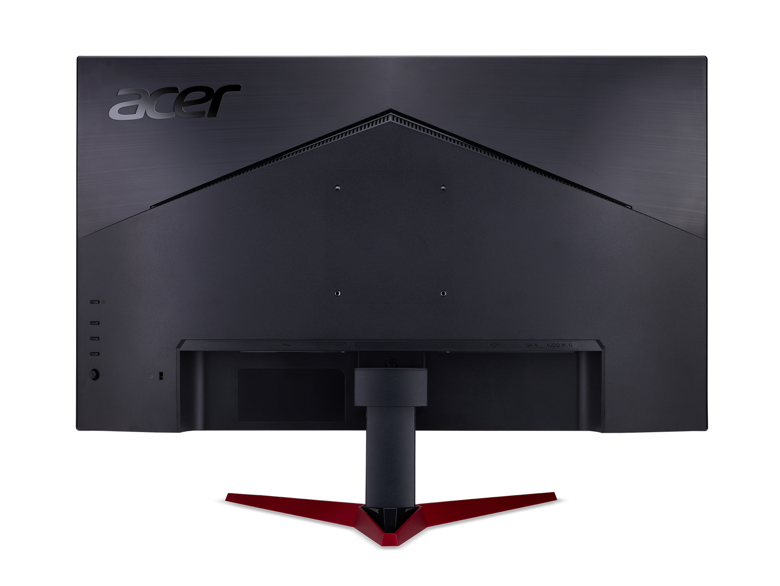 Tył czarnego monitora komputera z czerwonym stojakiem. Widoczne porty.
