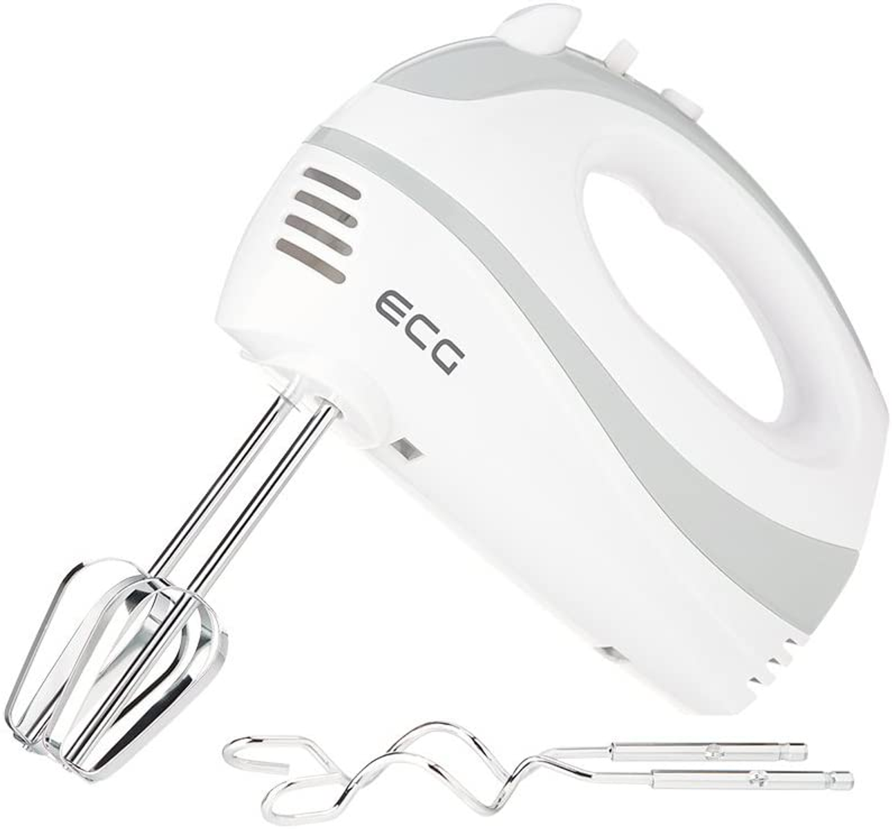 Weißer und grauer ECG-Handmixer mit Rührbesen. Angesicht. Weißer Hintergrund.