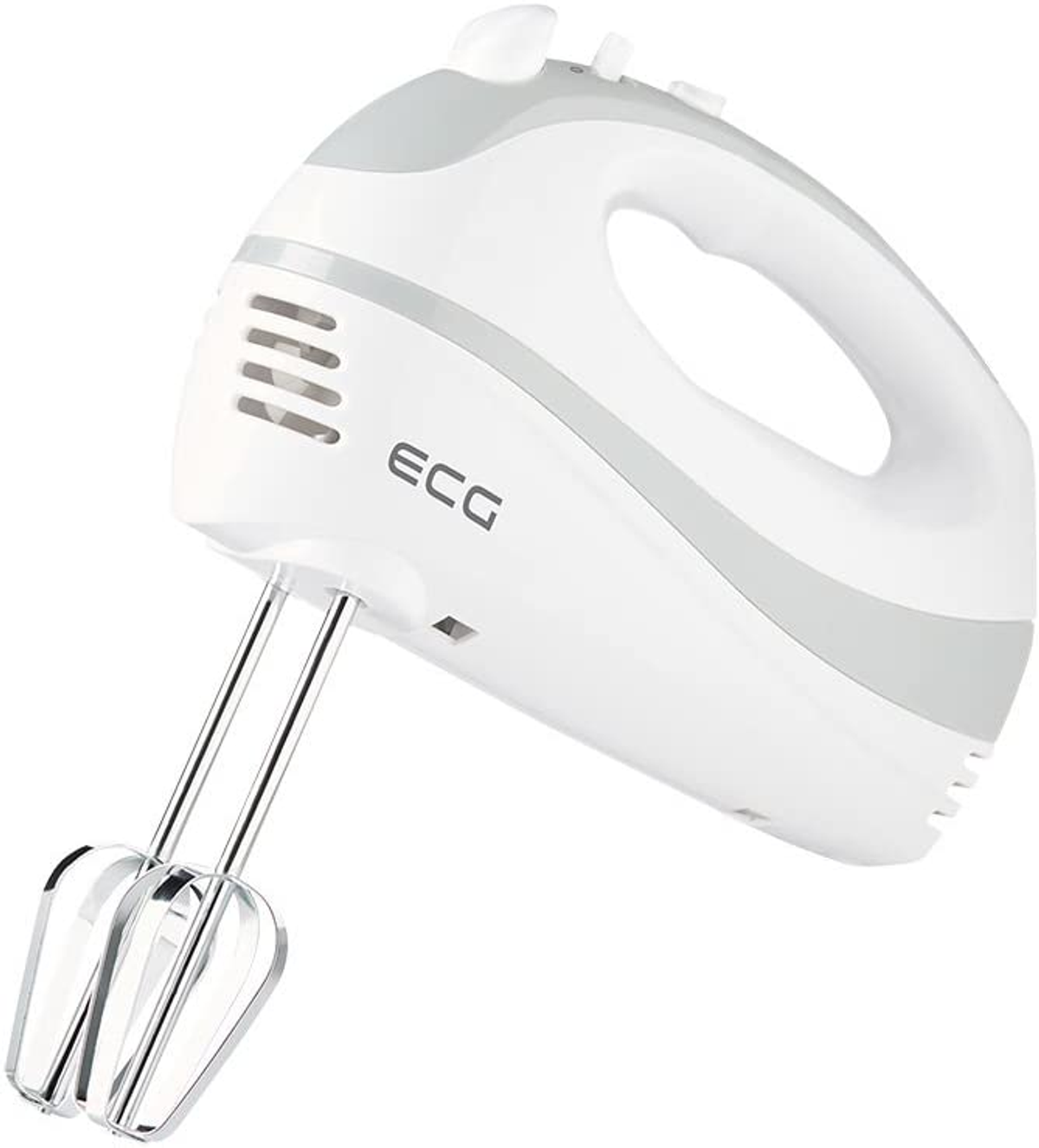 Weiß-grauer Handmixer mit zwei Schlagbesen auf weißem Hintergrund.