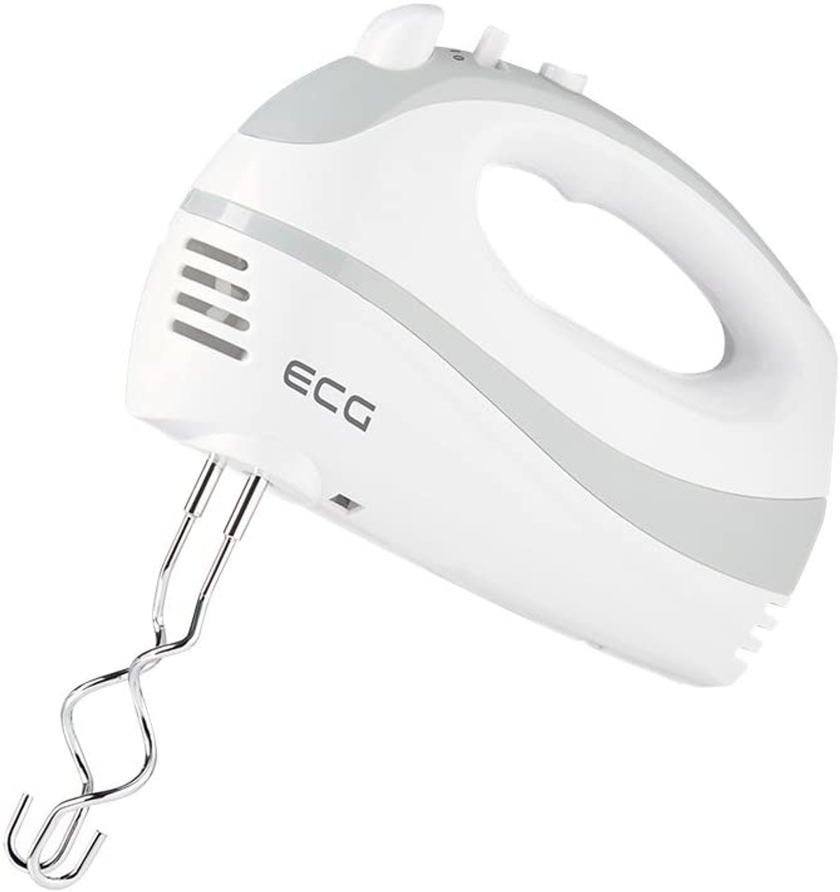 Weiß-grauer elektrischer Mixer. Der Mixer hat zwei Schläger. Die Marke ECG ist sichtbar.