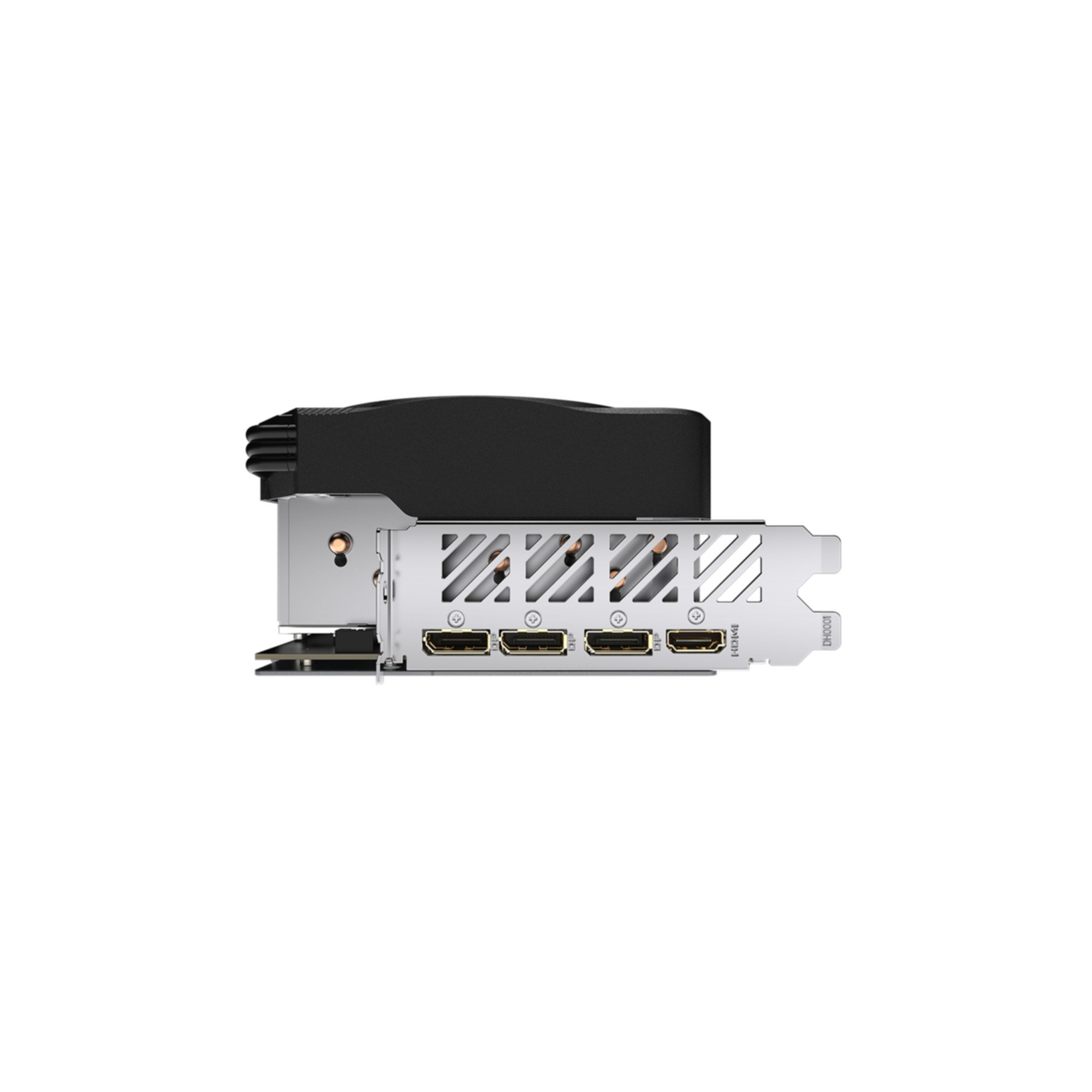 Scheda grafica con più porte. La scheda è argentata e nera, con diverse porte HDMI visibili.