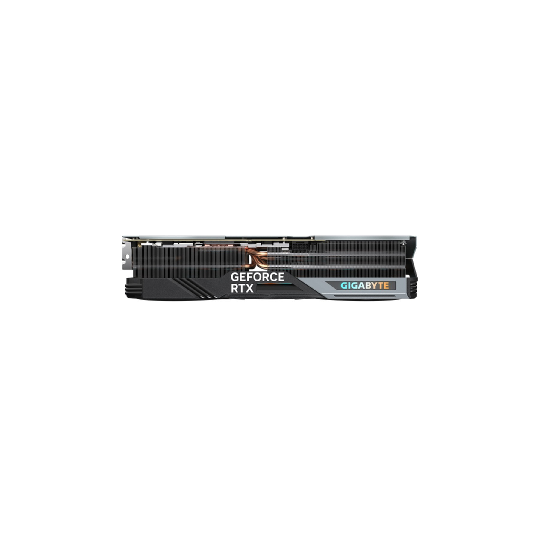 Scheda grafica Gigabyte RTX, vista laterale, con i loghi RTX e Gigabyte visibili.