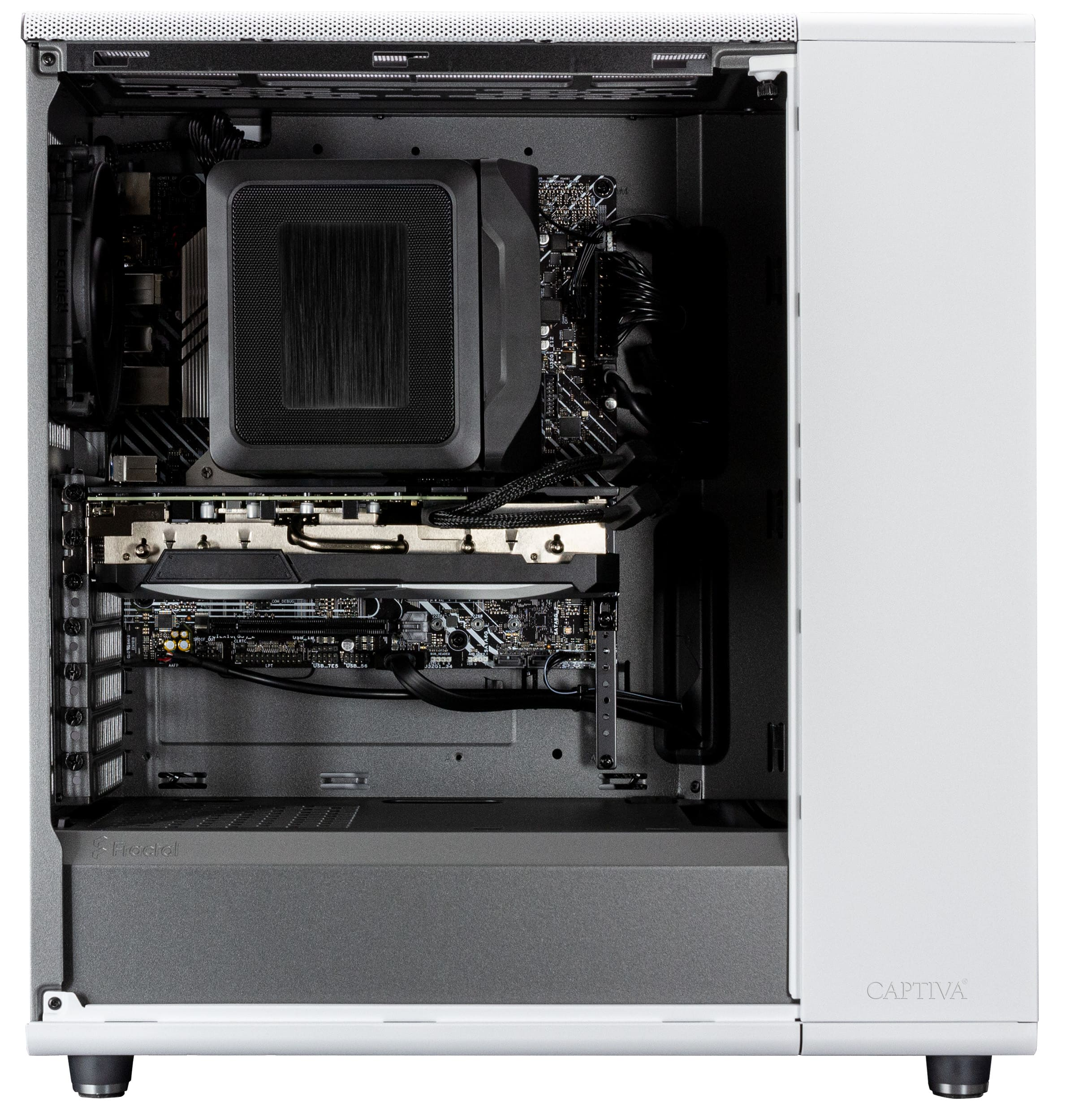 Carcasa de ordenador blanca con componentes internos. Refrigerador negro, GPU y placa base.