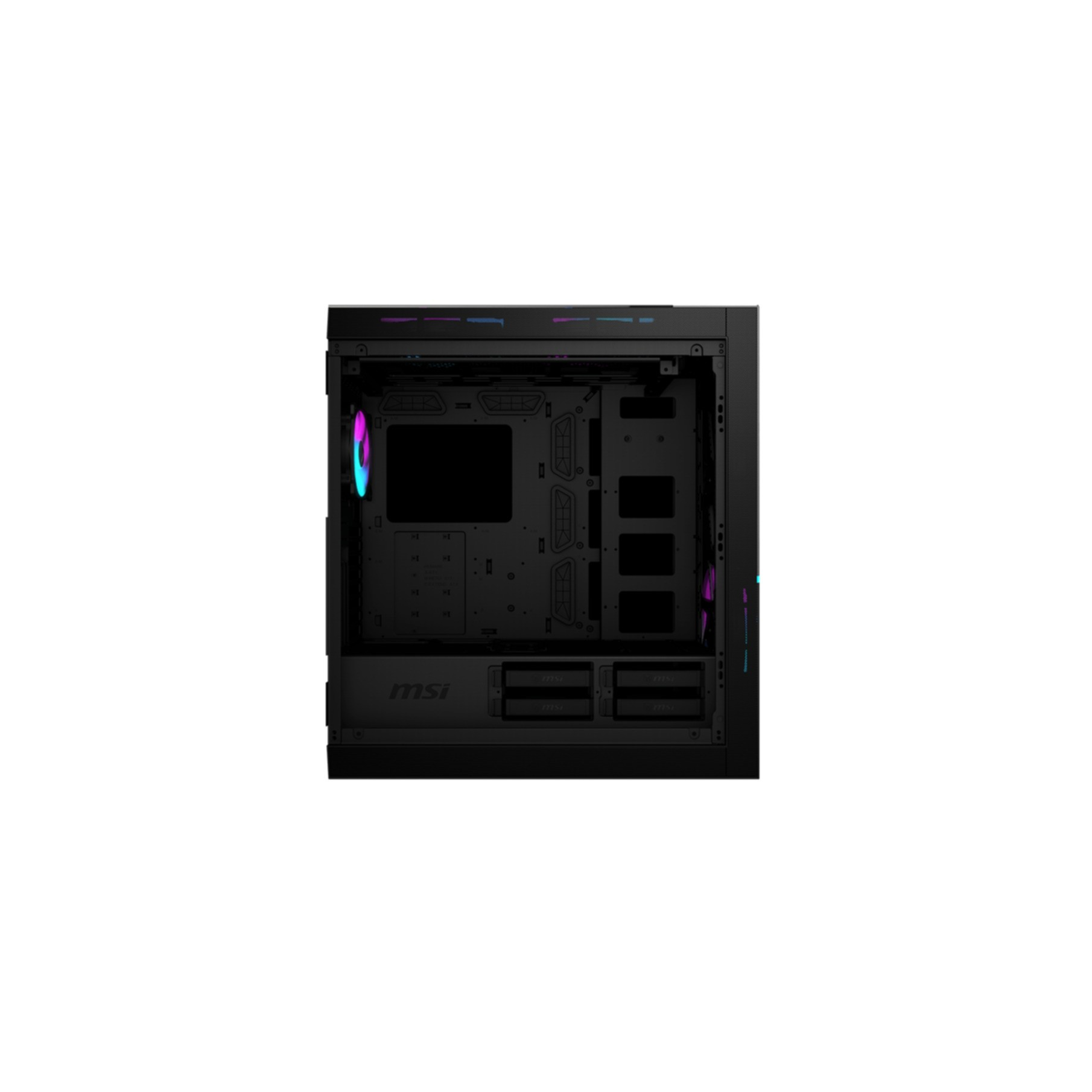 Case per computer con logo MSI, ventole e interno aperto su sfondo bianco.