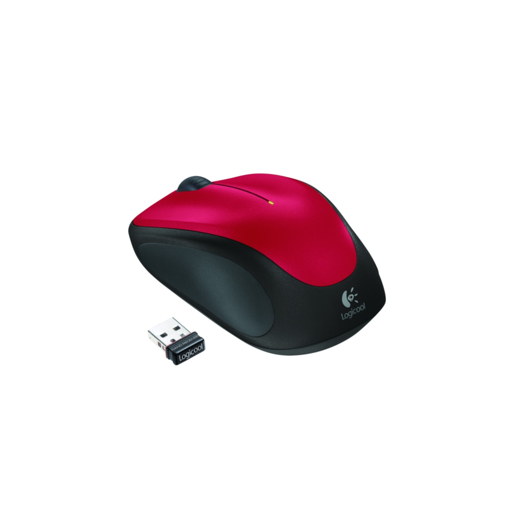 Souris sans fil Logitech rouge et noire. Récepteur USB inclus. Fond blanc.