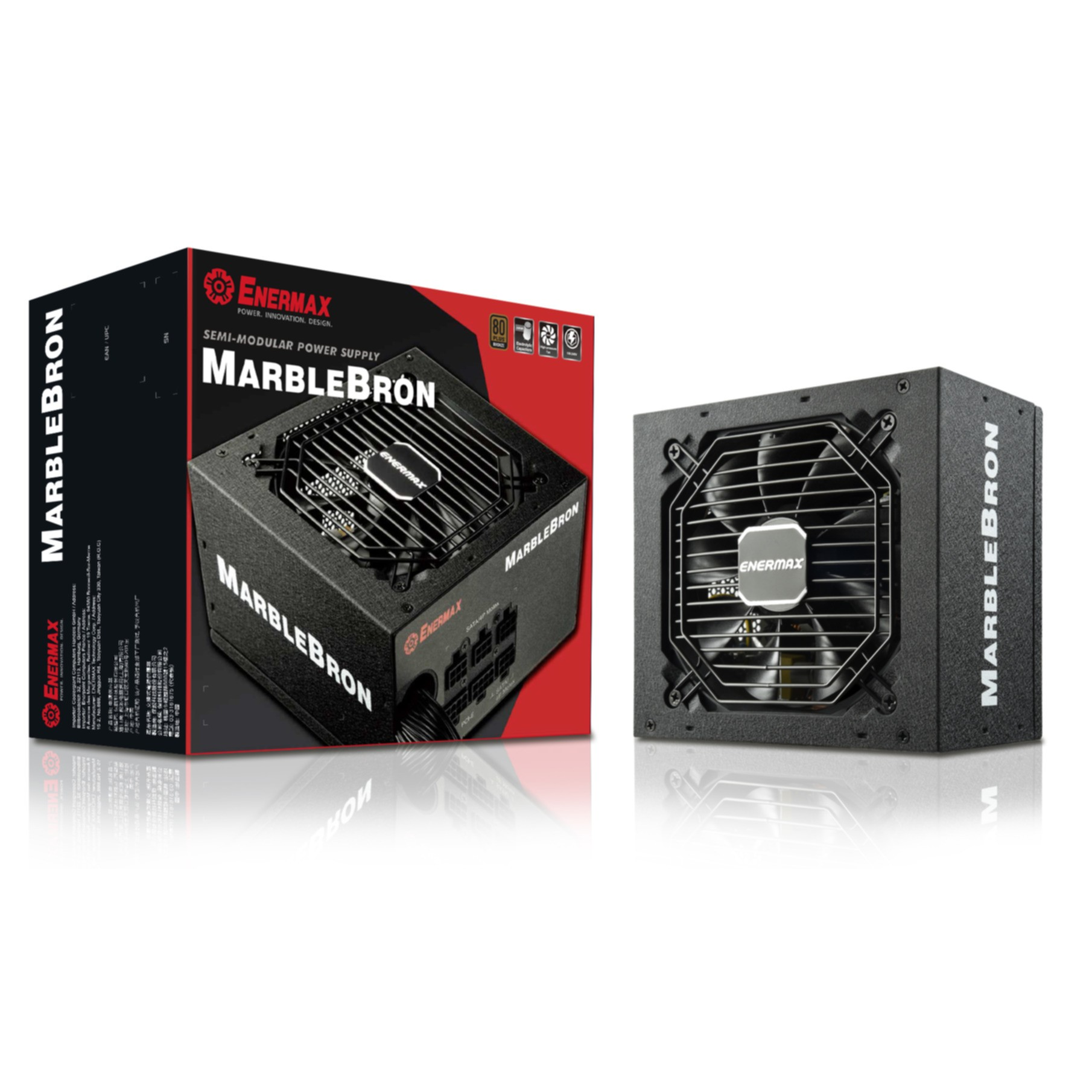 ENERMAX MARBLEBRON Netzteil. Box und Gerät, schwarz-weiß.