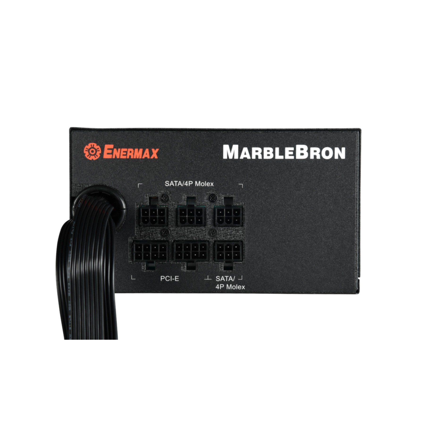 Schwarzes Netzteil mit Kabelanschlüssen und Enermax- und MarbleBron-Logos.