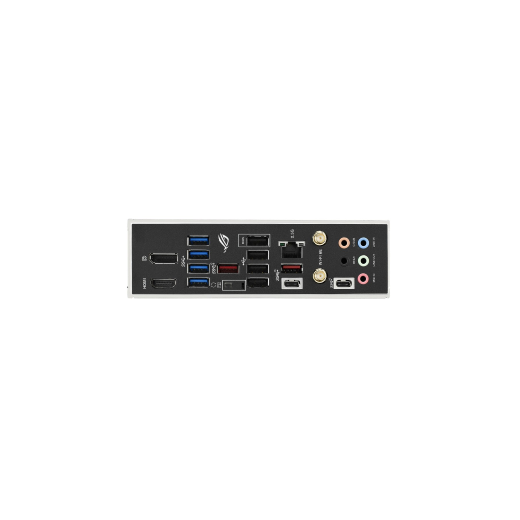 Motherboard back with ports and connectors. HDMI, USB, audio, and Wi-Fi ports are visible.