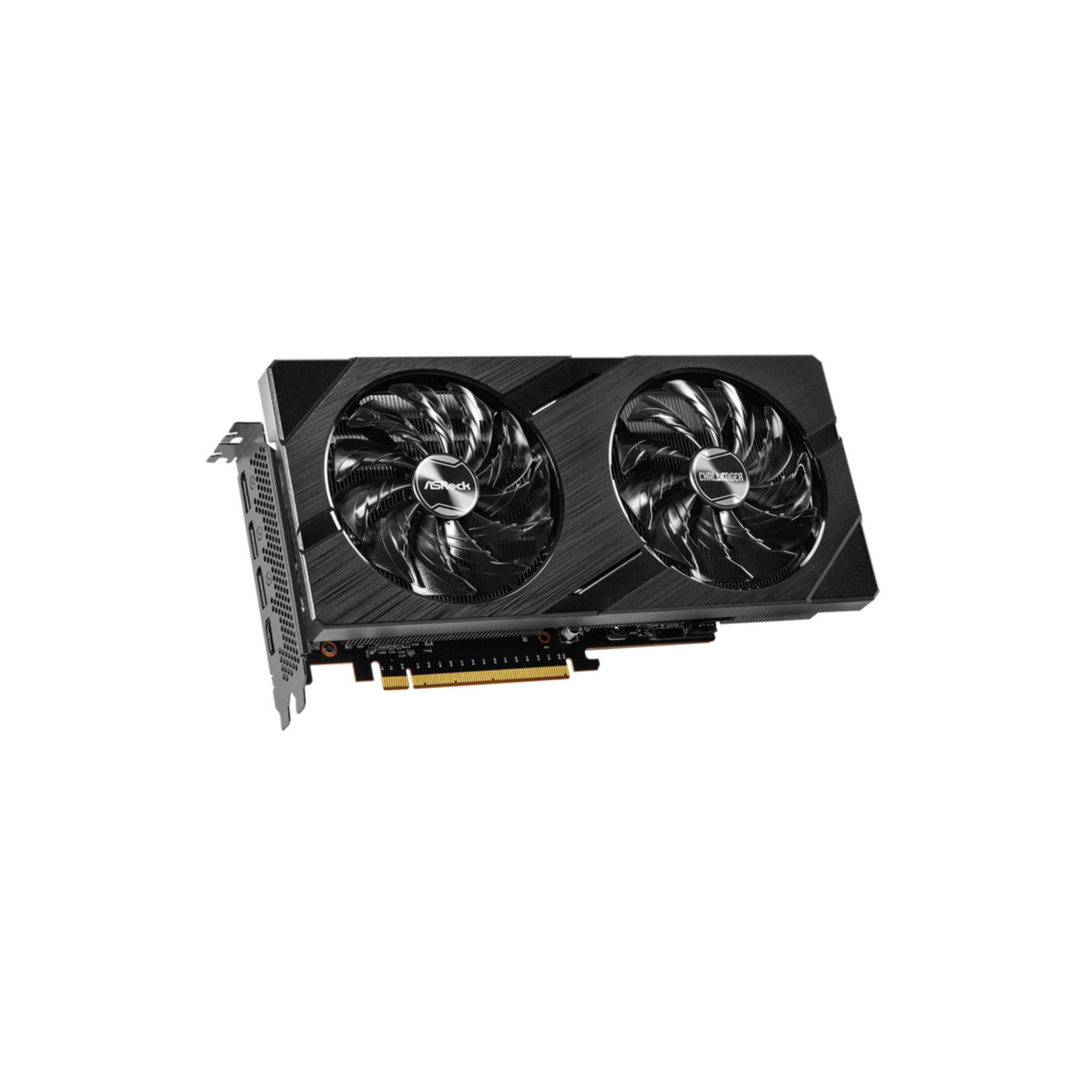 Une carte graphique d'ordinateur noire. Deux ventilateurs sont visibles. La carte porte les marques ASRock.