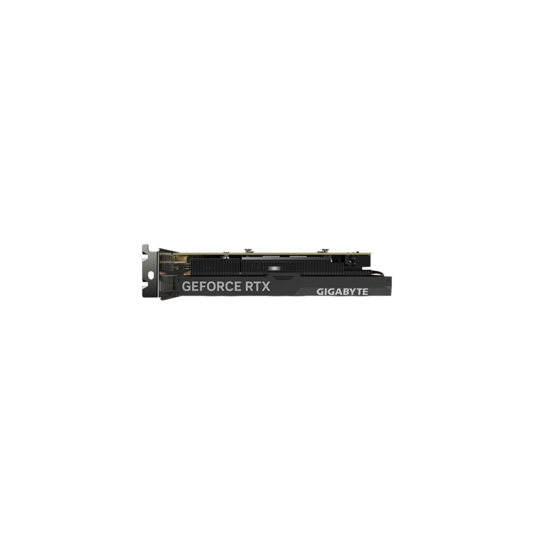 Scheda grafica con etichette GeForce RTX e Gigabyte, vista laterale, sfondo bianco.