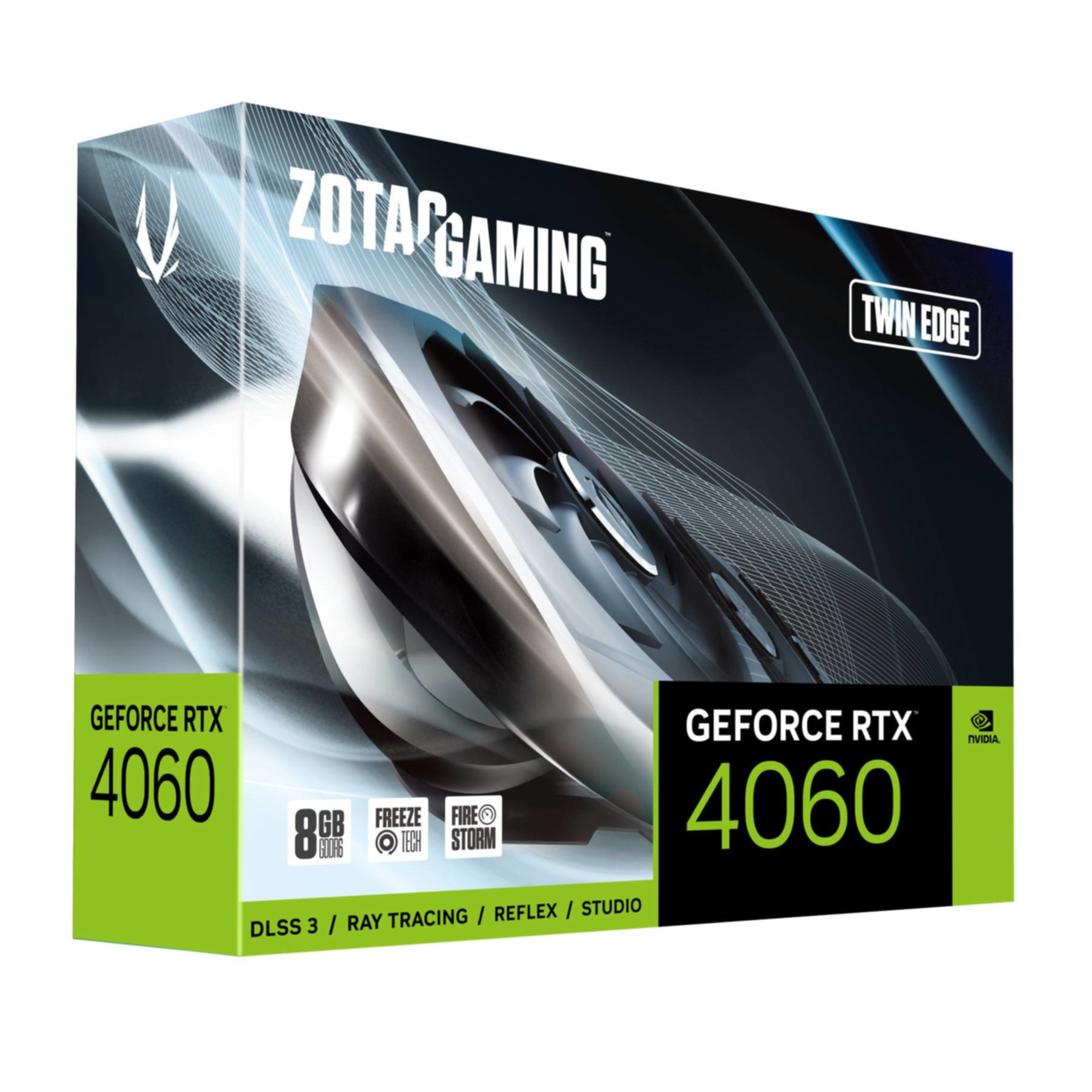 Pudełko karty graficznej, ZOTAC GAMING. Zielone i czarne z marką 'GEFORCE RTX 4060'.