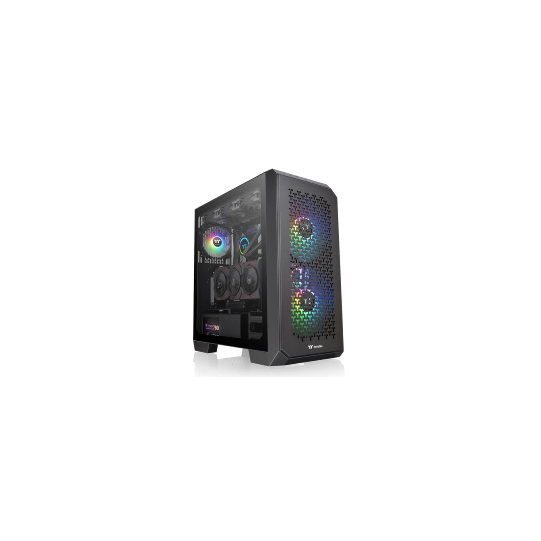 A black PC case with a glass side panel. Inside, RGB lights and components are visible. White background.