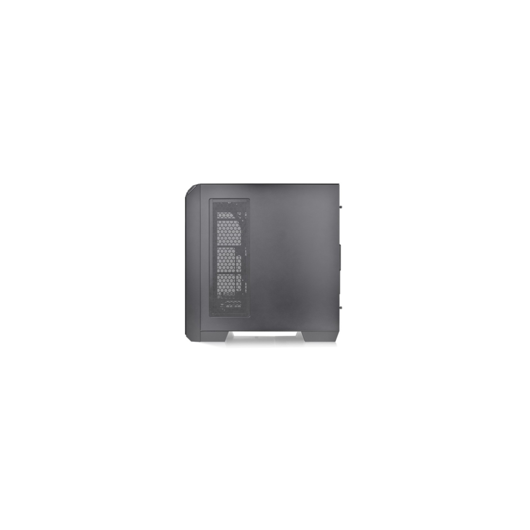 A computer case, dark grey, with a mesh side panel, seen from the side, against a white background.