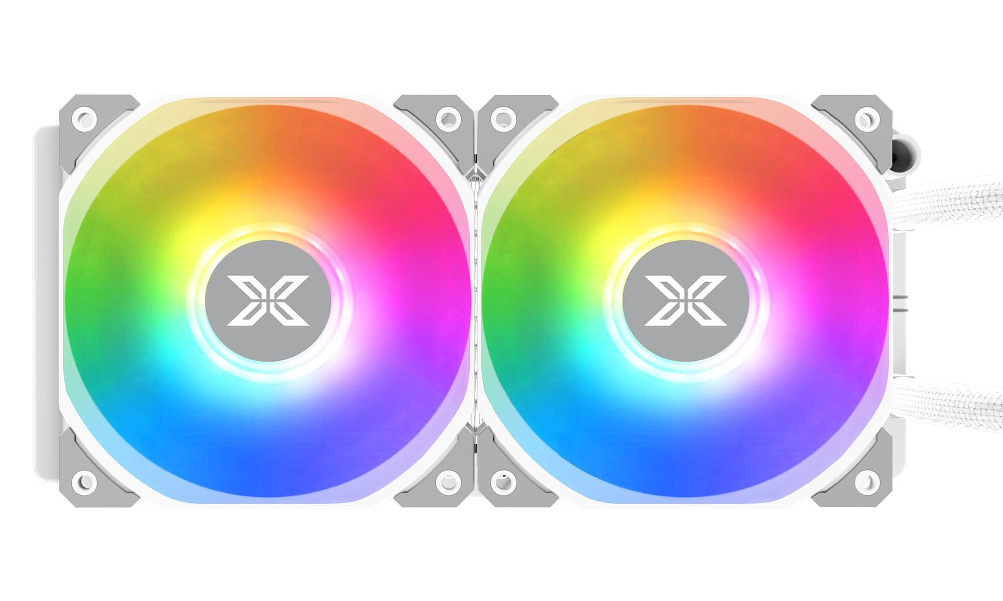 Zwei Computerventilatoren mit regenbogenfarbenen Lichtern. Jeder Lüfter hat ein Logo.