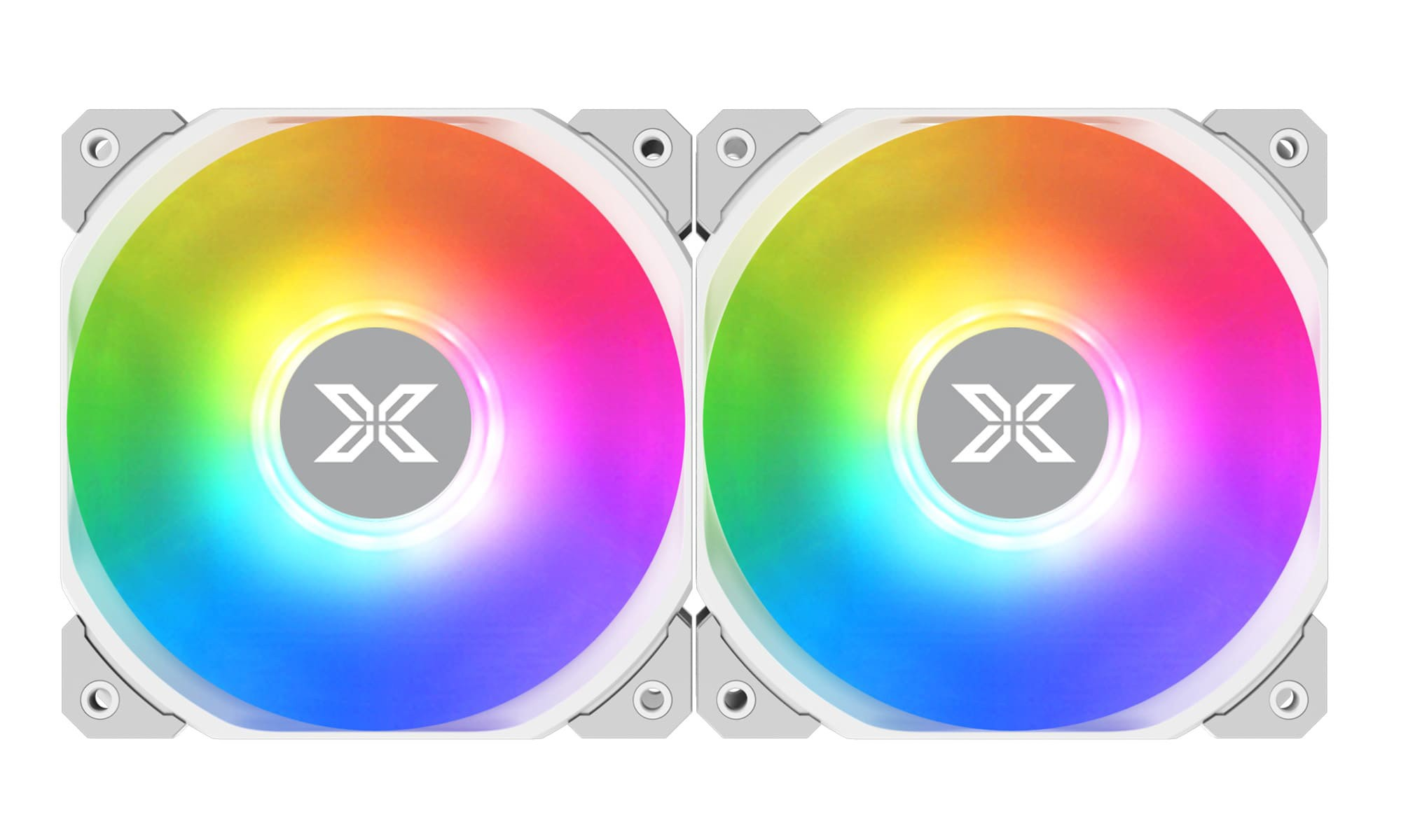 Zwei Computerlüfter mit Regenbogenbeleuchtung auf weißem Hintergrund. Weißer Rahmen.