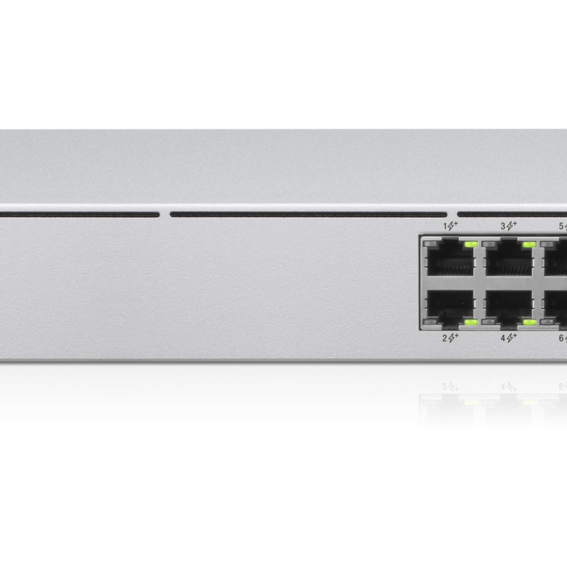 Netzwerk-Switch mit sechs Ethernet-Ports. Es ist ein silberfarbenes Gerät mit Anzeigen.