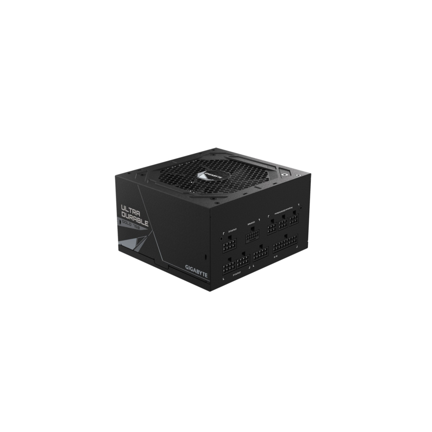 Una fuente de alimentación negra. Está etiquetada como "ULTRA DURABLE" y "GIGABYTE" con varios conectores.