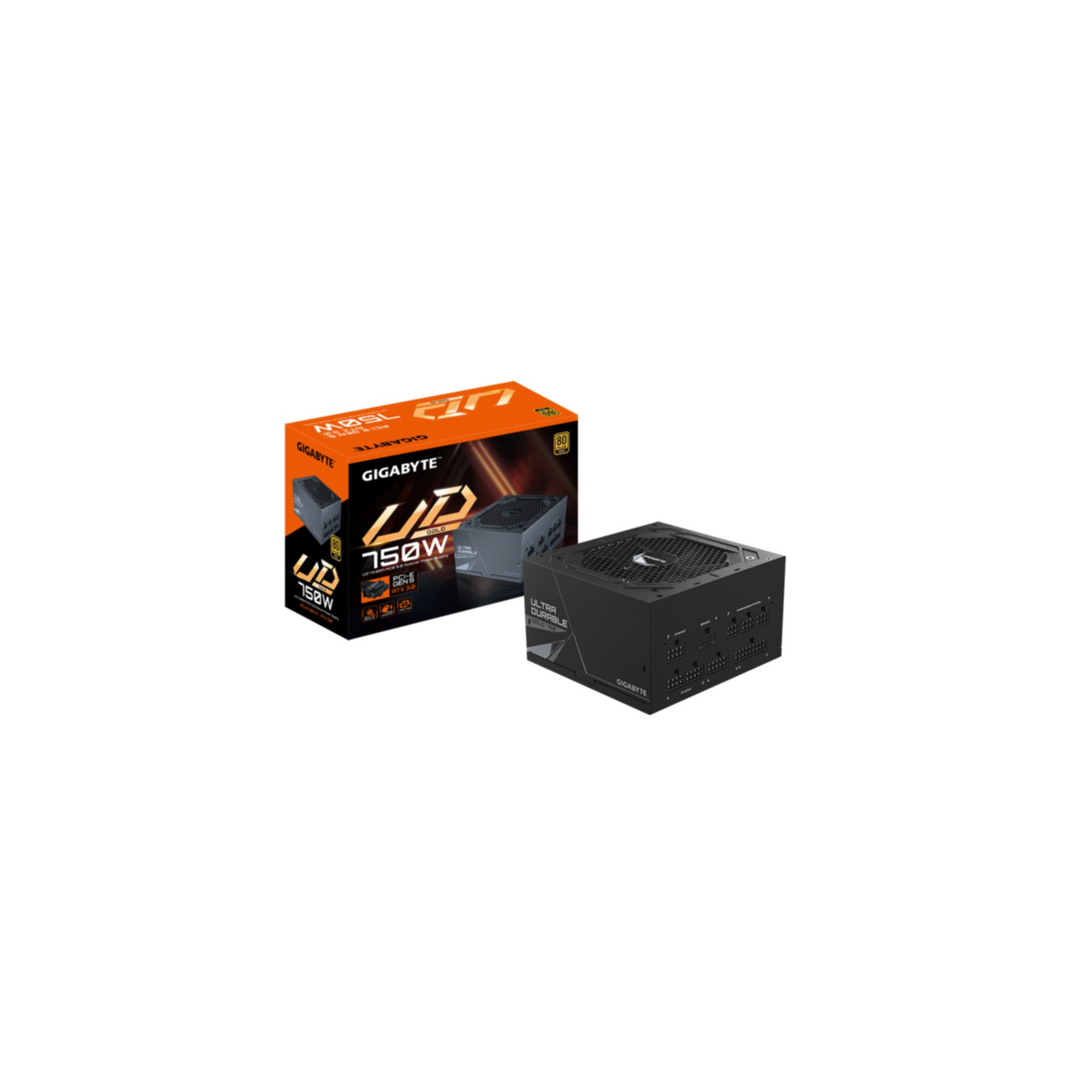 Una caja de fuente de alimentación Gigabyte UD 750W negra y naranja y una fuente de alimentación.
