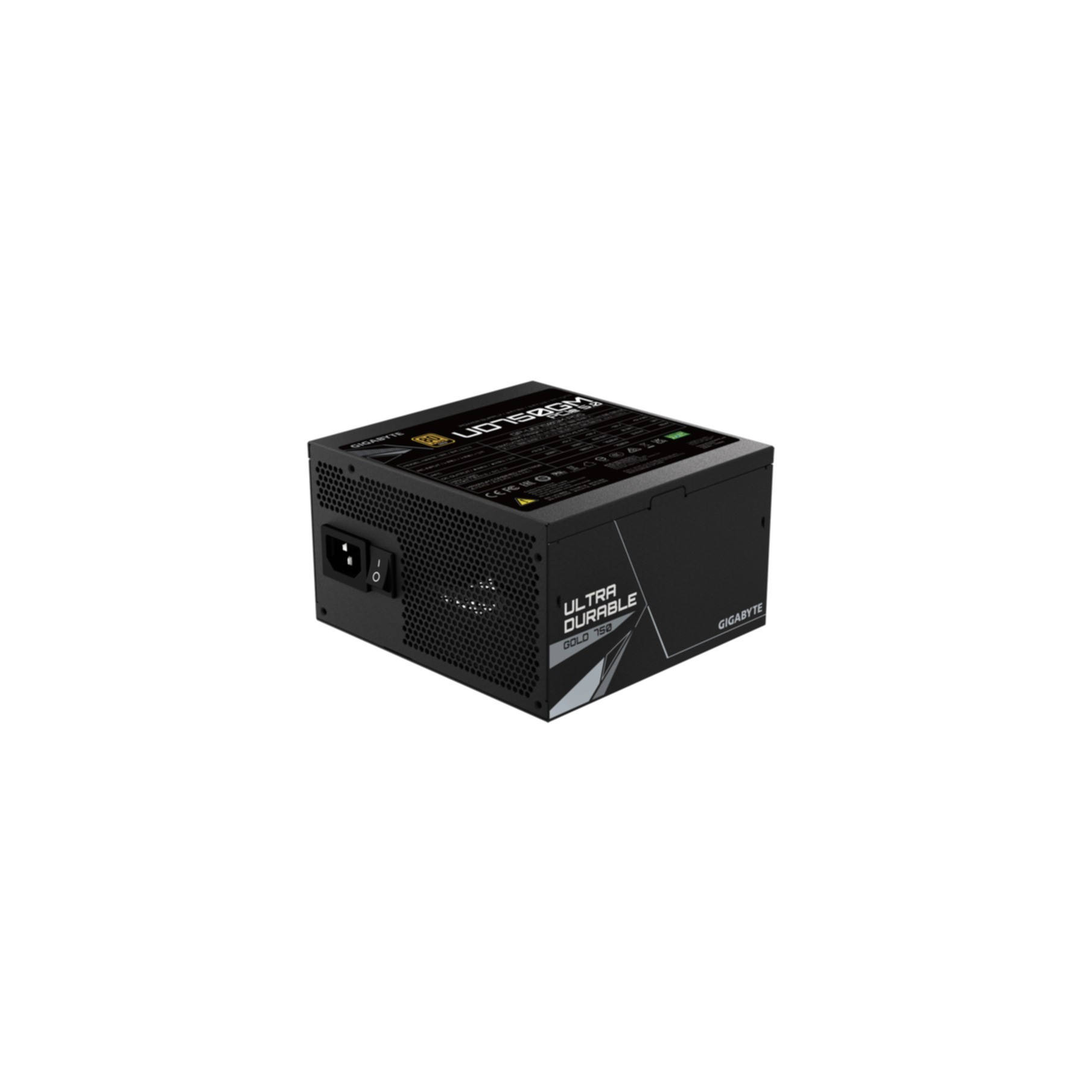 Fuente de alimentación negra. Tiene ventilador, botón de encendido y puertos.