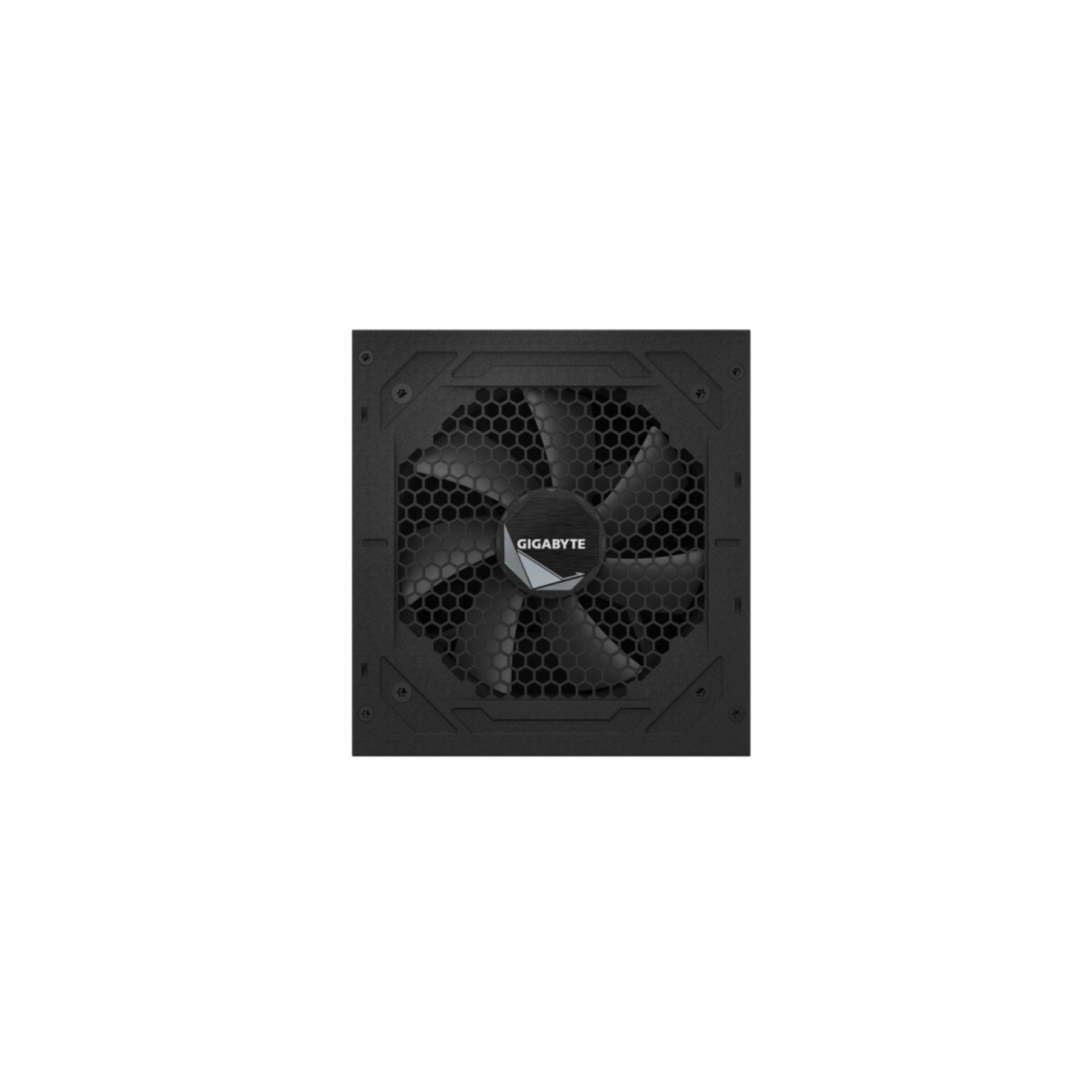 Fuente de alimentación de PC negra con ventilador y rejilla. La marca está en el centro.