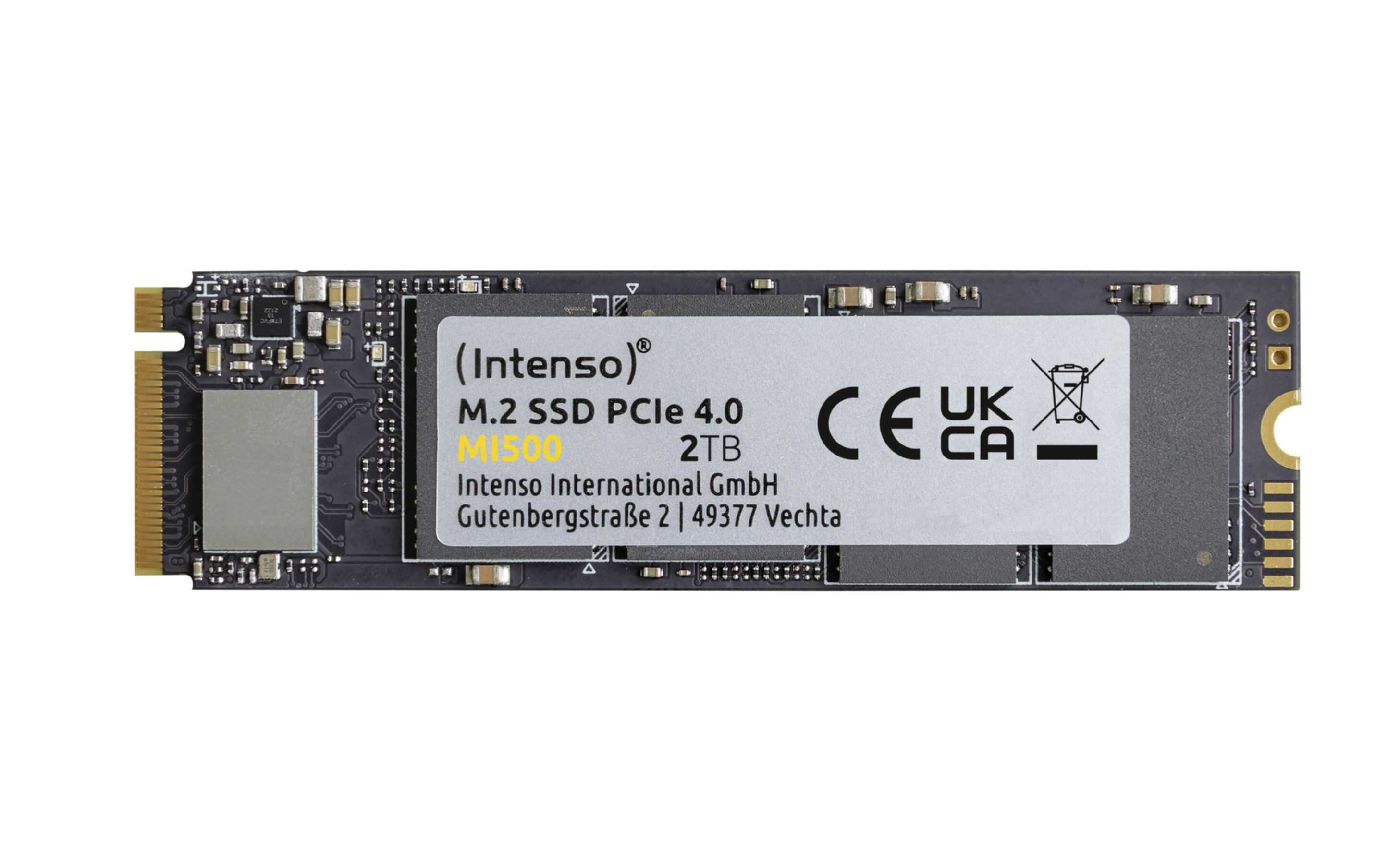 Czarny i srebrny Intenso M.2 SSD PCIe 4.0. Etykieta na dysku SSD jest widoczna.