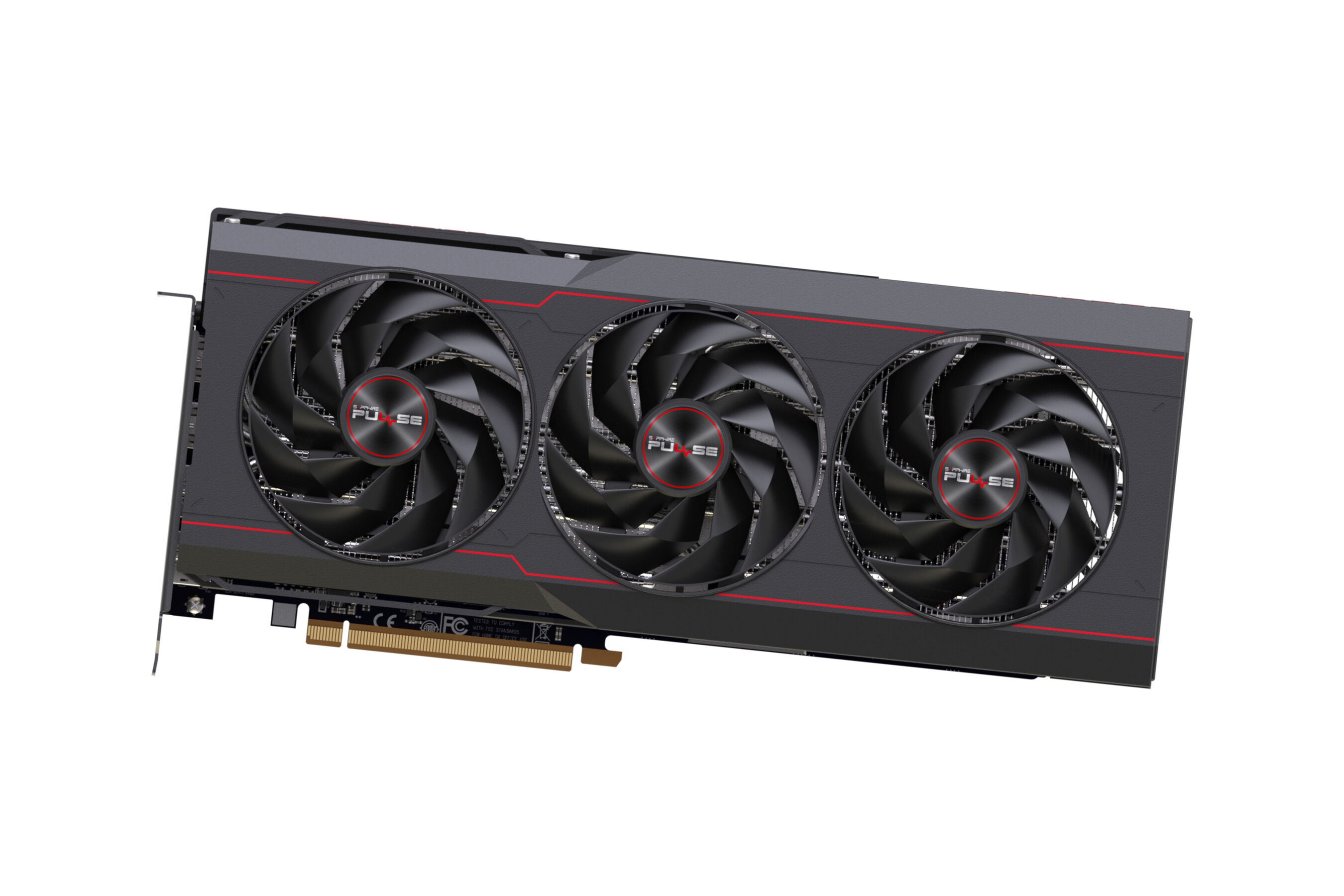 Een grafische kaart met drie zwarte ventilatoren en rode accenten. Het heeft een zwart-rood ontwerp.