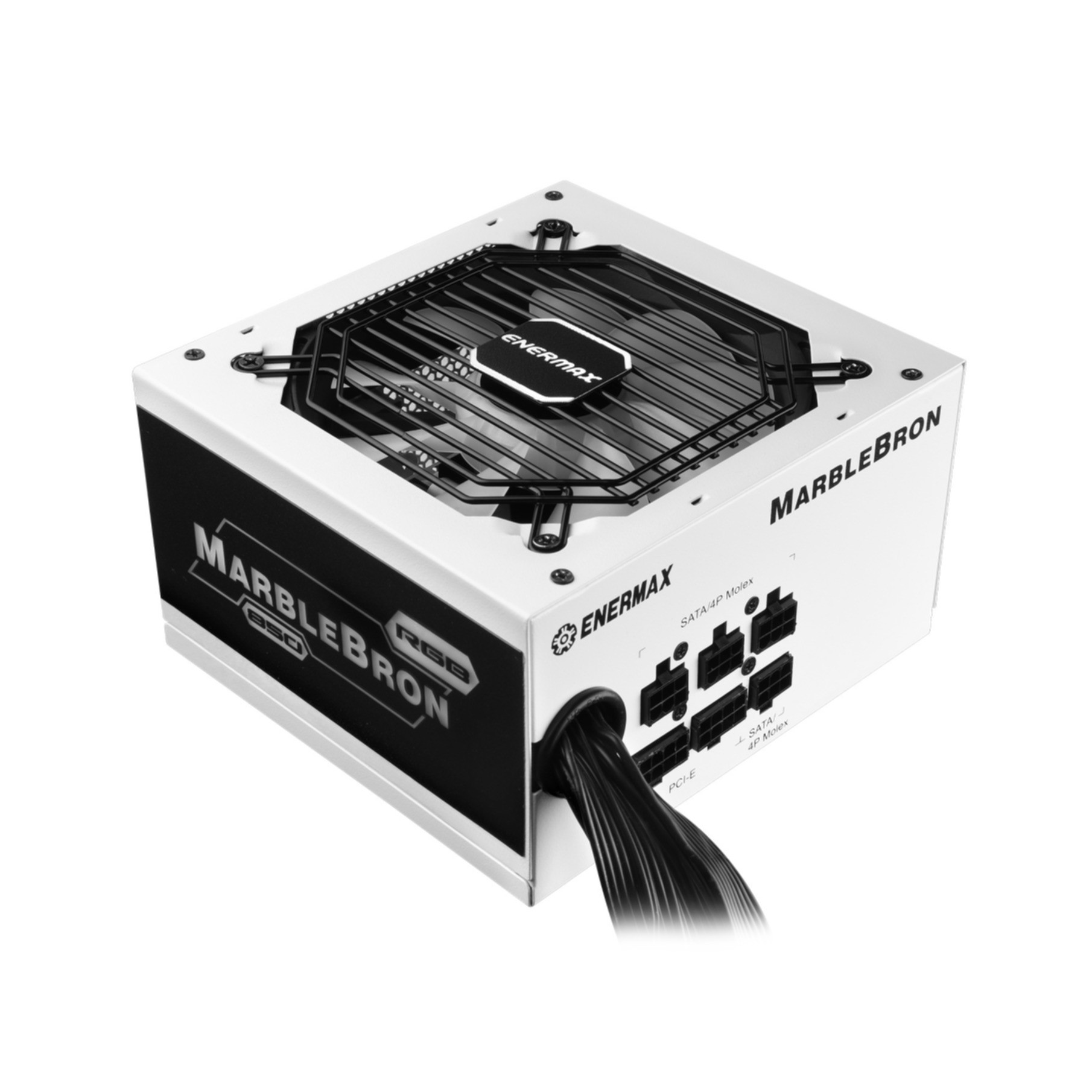 Alimentatore bianco e nero con le scritte 'MARBLEBRON' e 'ENERMAX'.