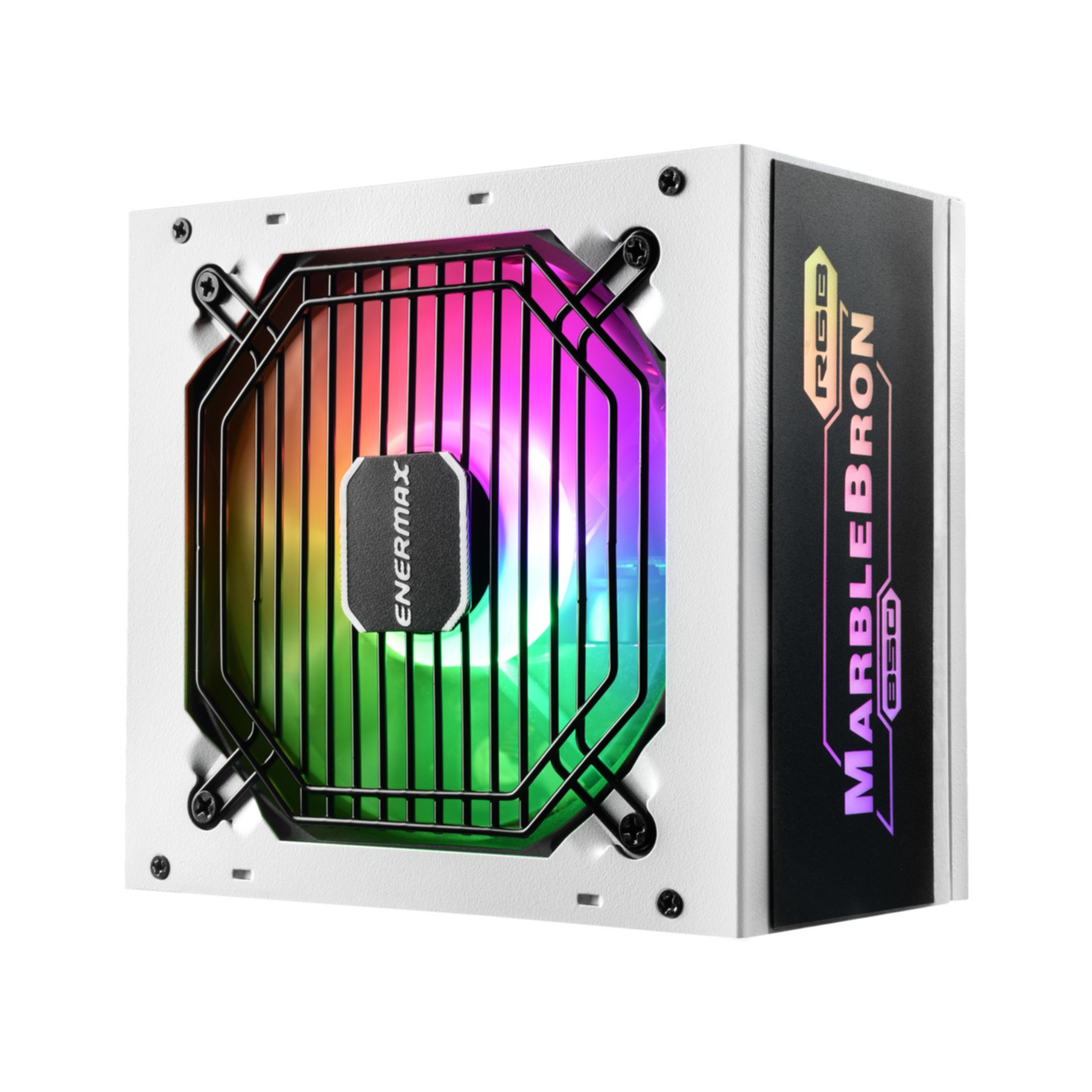Alimentatore Enermax MarbleBron RGB, custodia bianca, ventola colorata, su sfondo bianco.