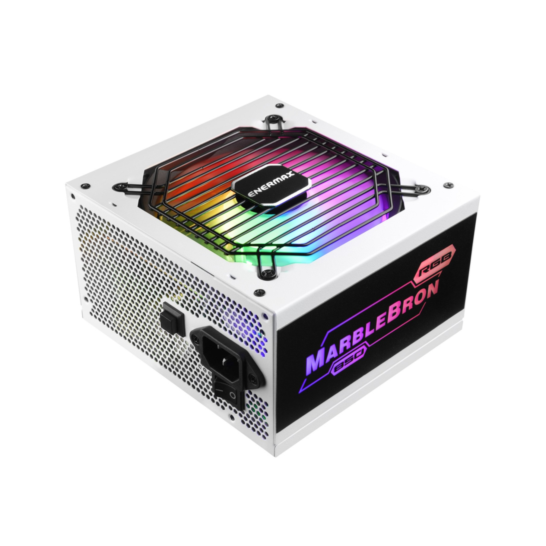 Un alimentatore per computer bianco con luci LED colorate. Sfondo bianco.