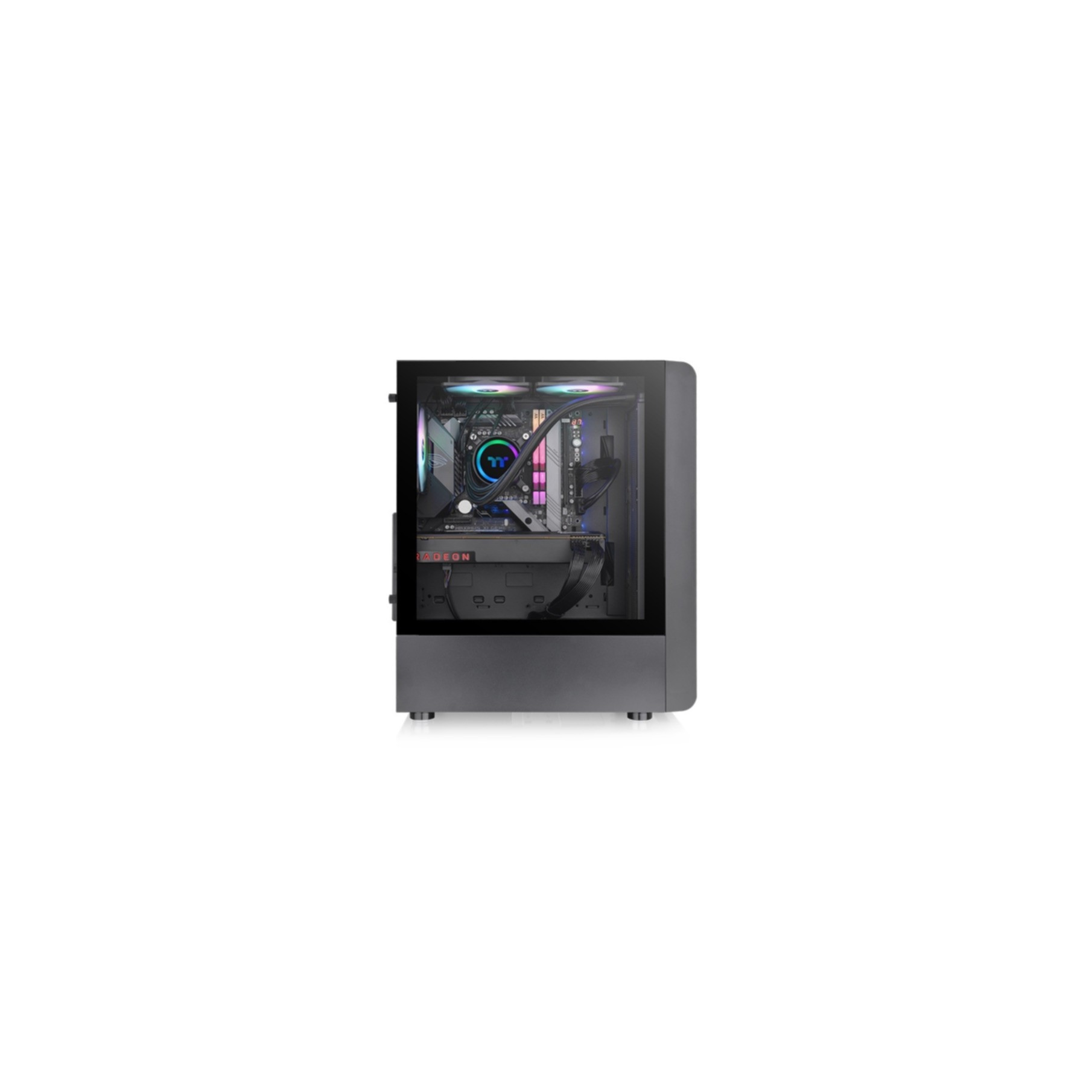 Komputer do gier z przezroczystym panelem bocznym, pokazujący wewnętrzne komponenty i światła. Czarna obudowa.