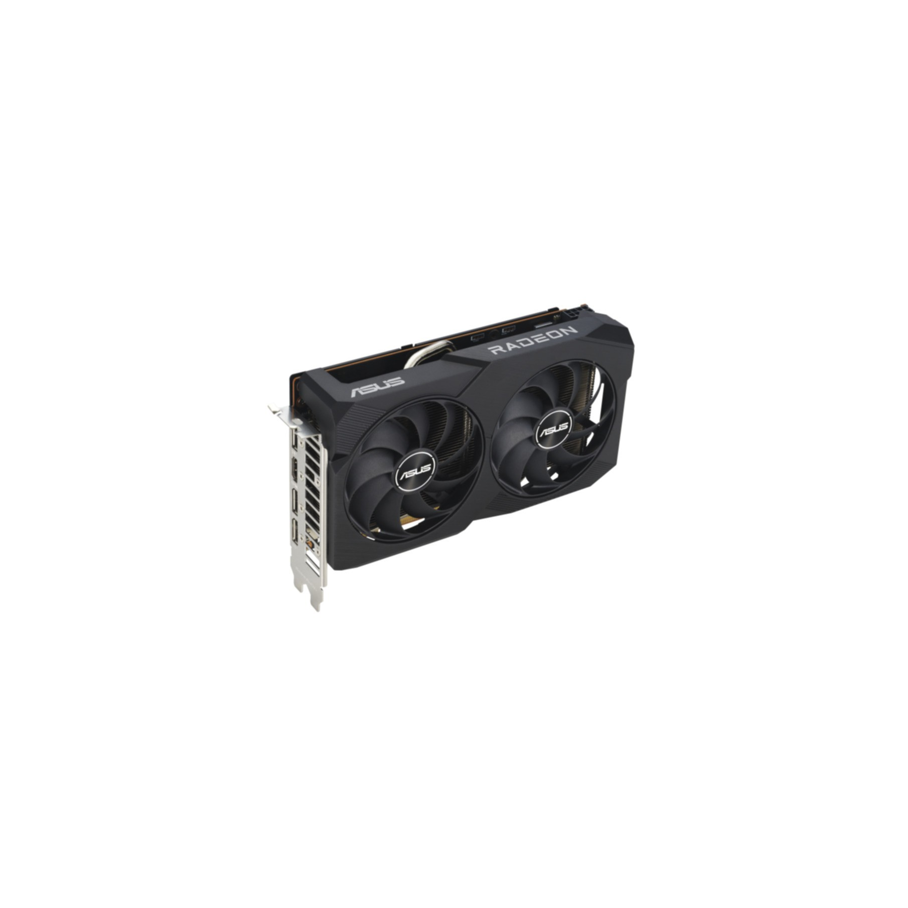 Una scheda grafica ASUS Radeon con due ventole. La scheda è nera e presenta i loghi ASUS e Radeon.
