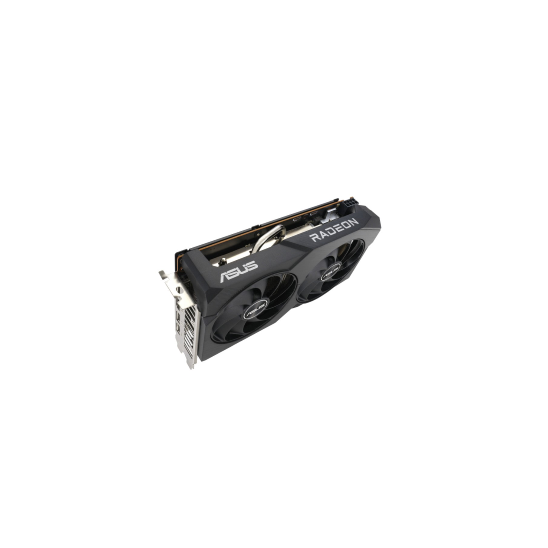 GPU ASUS Radeon nera con due ventole e la parola Radeon su sfondo bianco.