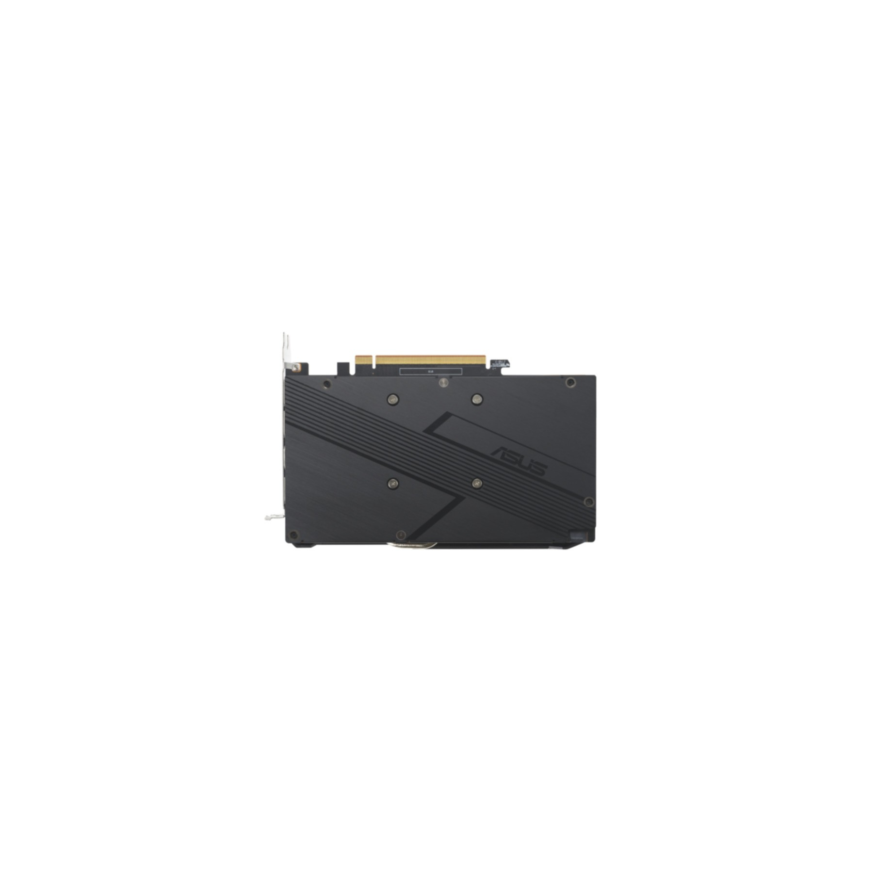 Retro della scheda grafica con marchio ASUS. Design nero. Sfondo bianco.